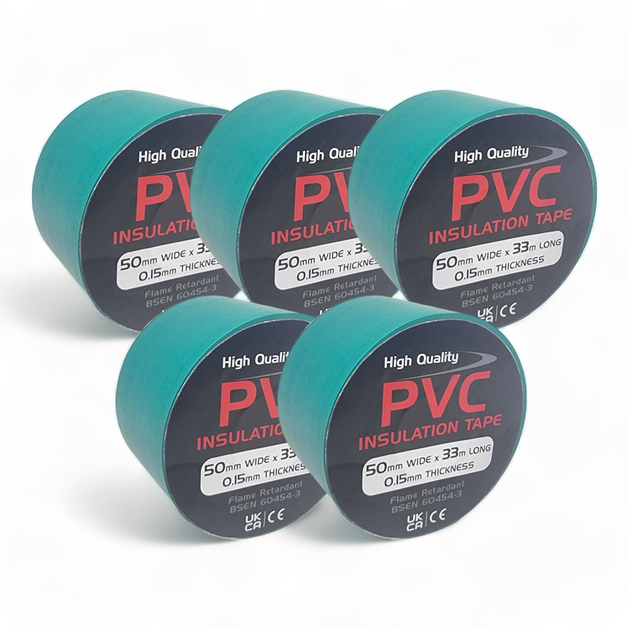 5 Rolls of Green PVC Electrical Insulation Tape, 33m Long x 50mm Wide, Adhesive Insulating Tape for Protecting Electrical Wires