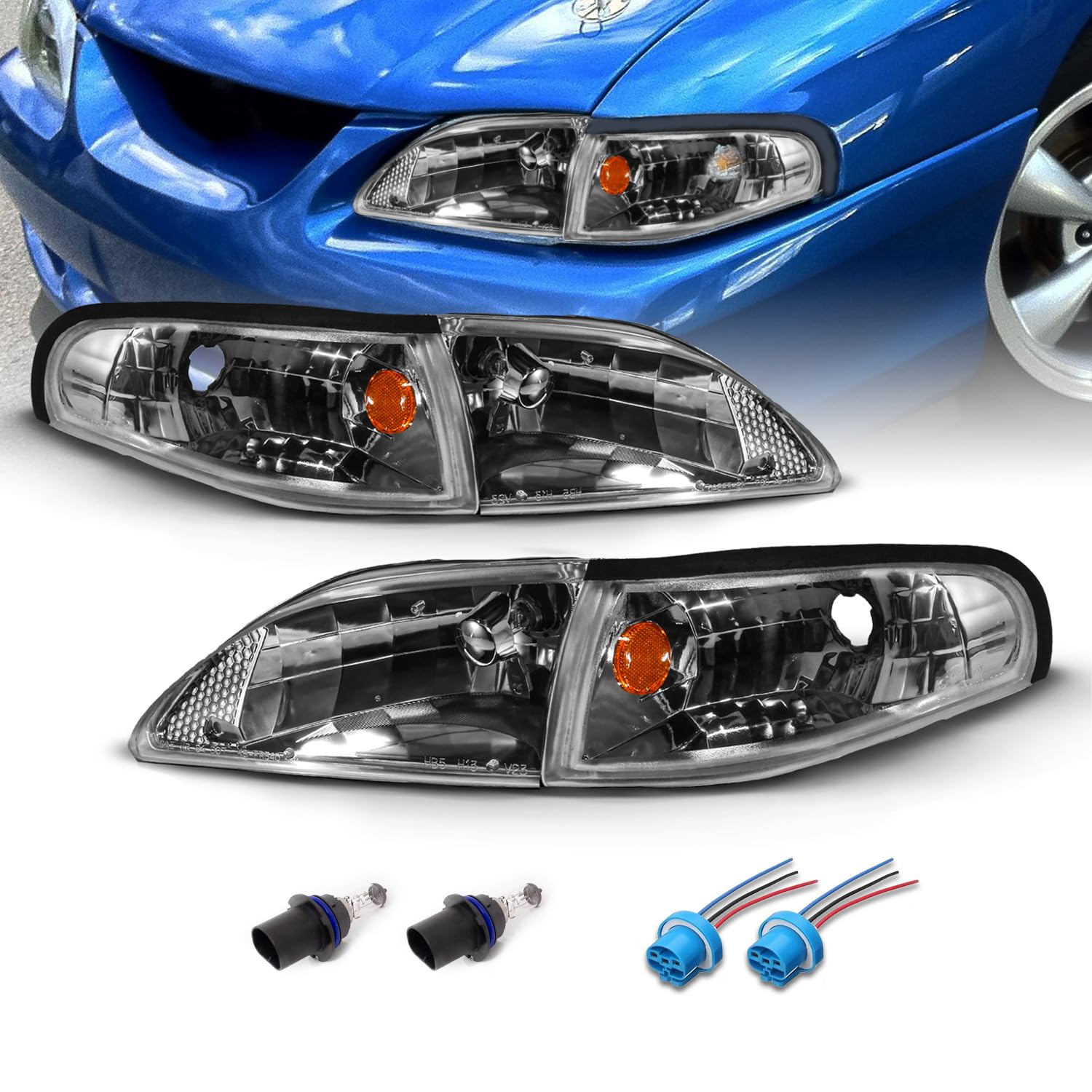 AmeriLite for 1994-1998 Ford Mustang Gun-Metal Replacement Headlights Corner Turn Signal Set - Passenger and Driver Side Gun Metal