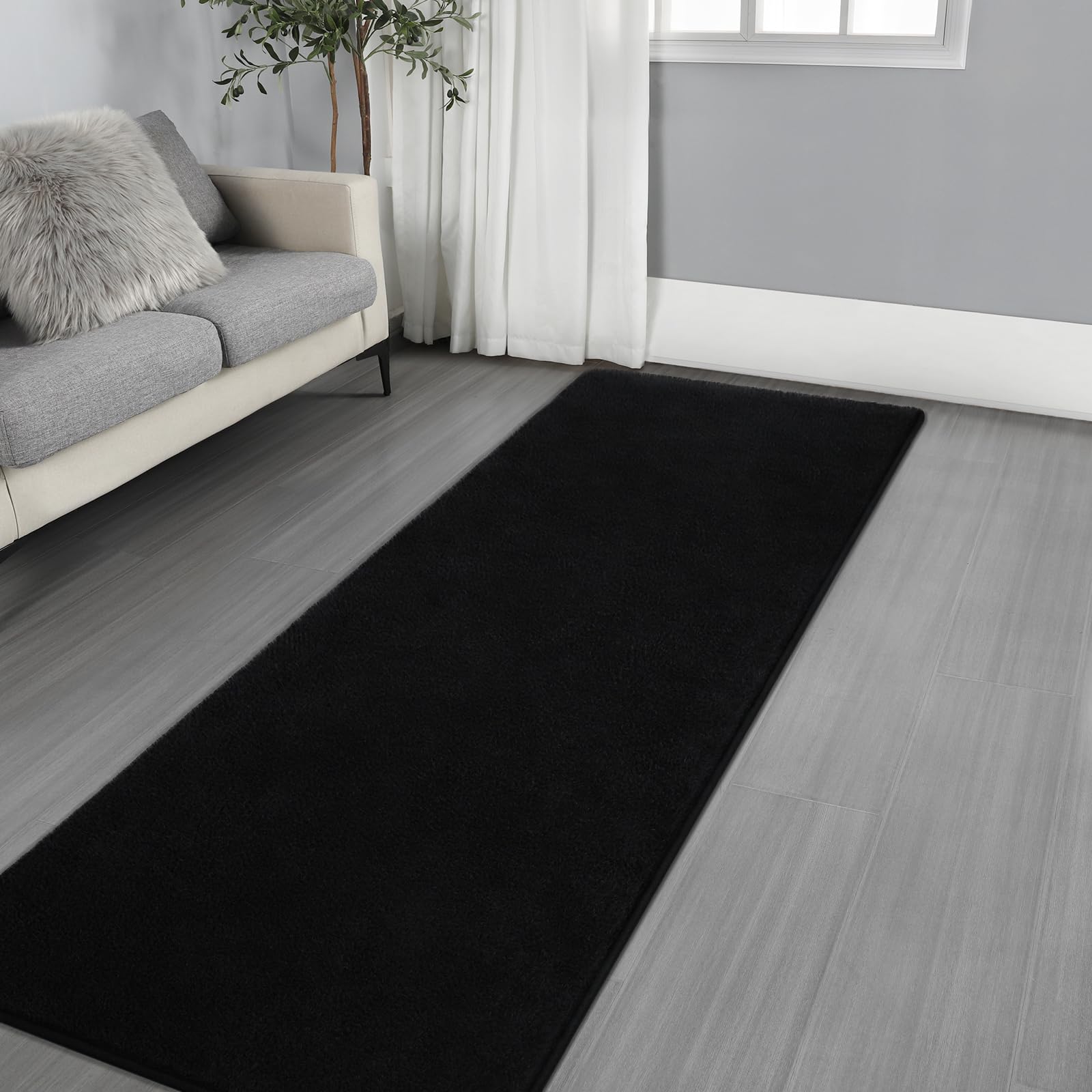 Gifeas Ultra Soft Modern Runner Rug for Hallway Bedroom, 2x6 Feet Black Thickened Memory Foam Indoor Solid Minimalist Carpets, Non-Slip Comfy Area Rug