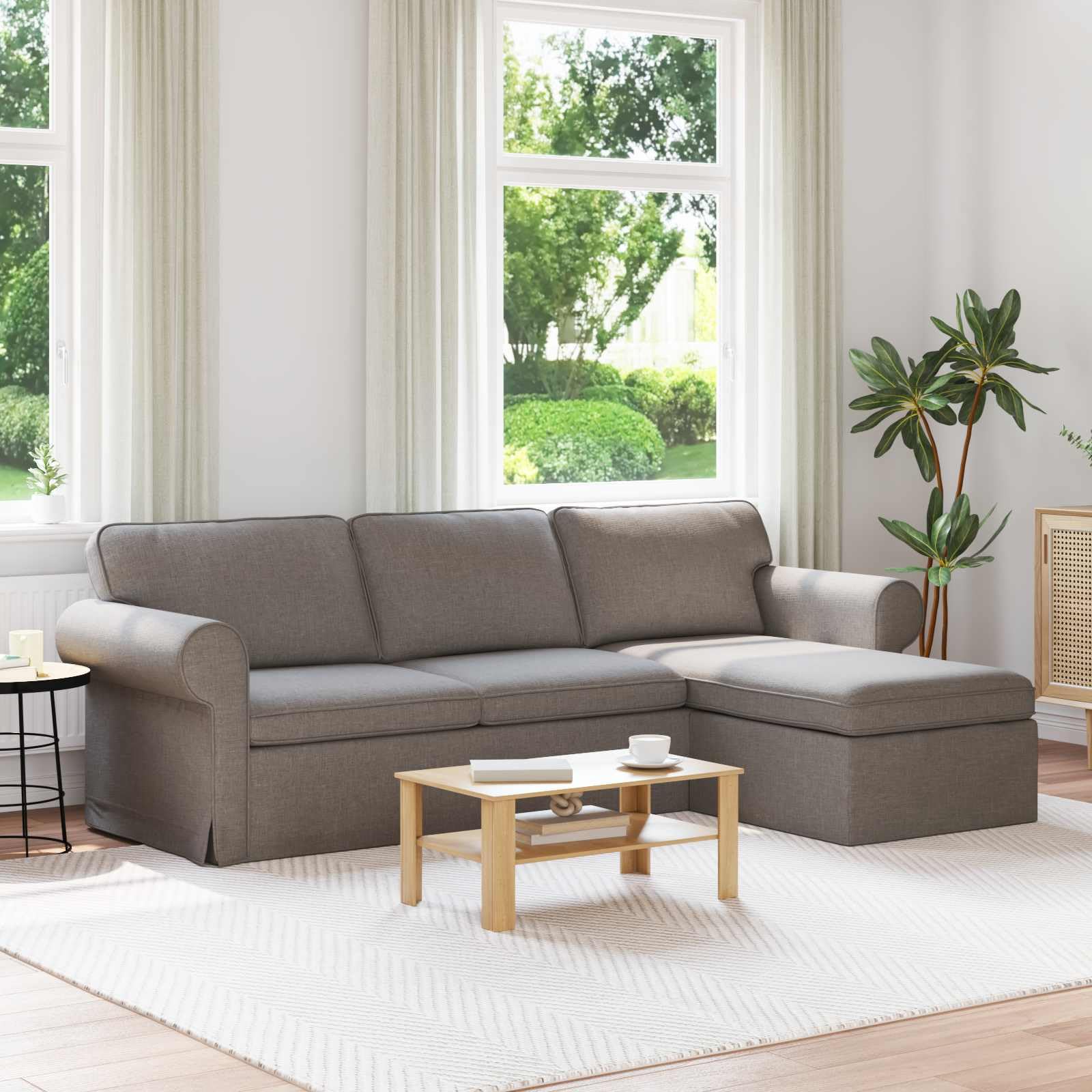 YUTAASU Sofa Taupe 245 x 138 x 80 cm Stoff | Modularer Aufbau, Metallrahmen, Holzarmlehnen, Kunststoffbeine, für Wohnzimmer
