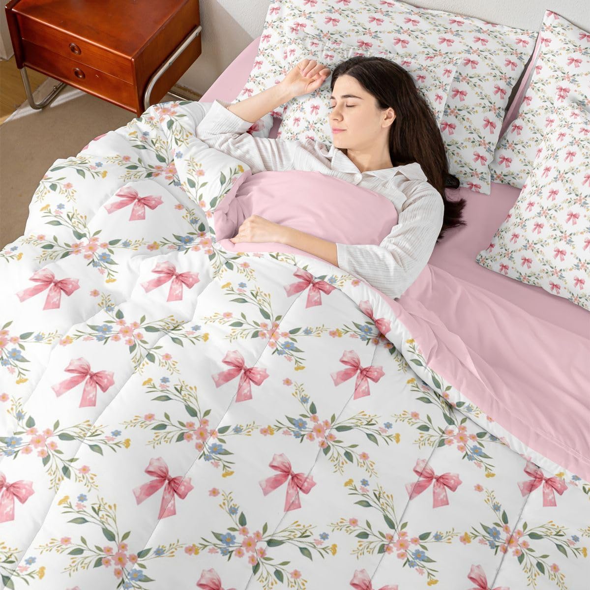Erosebridal Pink Bow 7 Piece Comforter Set Twin Garden Abstract Blooming 7 Piece Bed in a Bag Coquette Bow Grid Plaid Fitted Sheet Breathable Lightweight Dreamy Princess Style Sheet Set