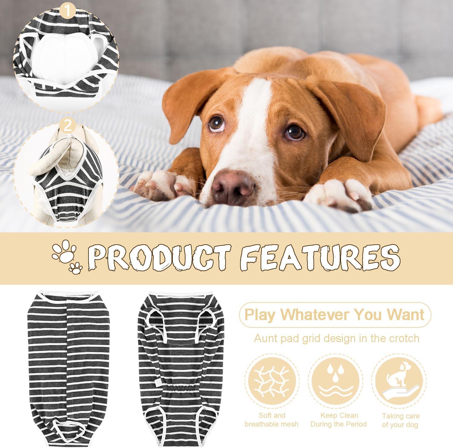 Etdane Dog Diapers Sanitary Panties Physiological Period Shirts Surgical Recovery Suits for Male and Female Dogs White Stripe Large
