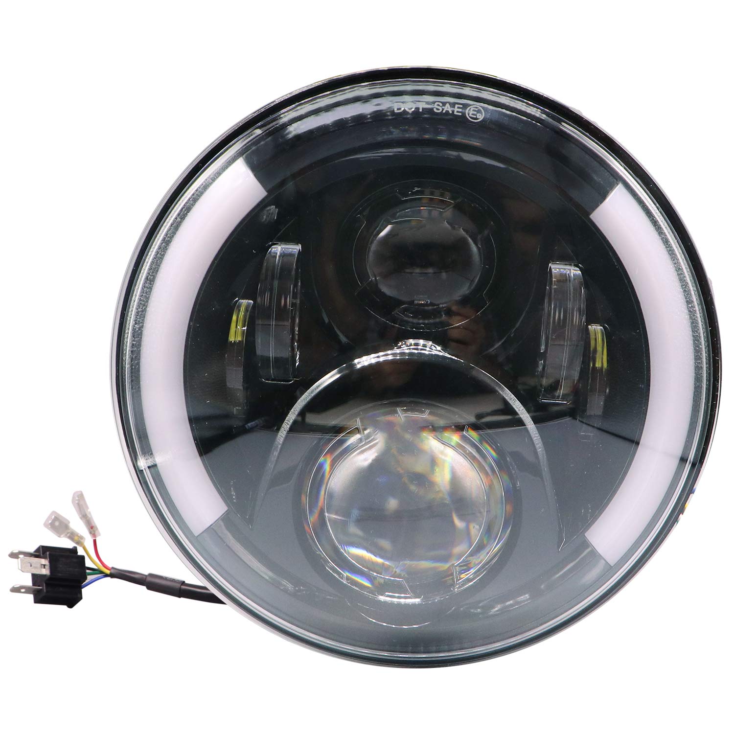 OSWIN GOLD OG-2-2 7 Inch Round White LED Headlight with Hi/Low Beam Amber & White Angel Eye Lamp Compatible with Bullet, Harley Davidson Jeep Wrangler (75W, 2 Pc)
