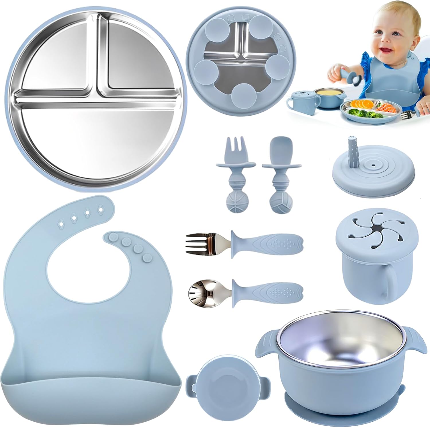 Kit Introdução Alimentar Bebe, Kit de 9 Alimentação Bebe Inox e Silicone, com Pratinho e Bowl de Alimentação com Ventosa, Babador, Copo, Tampa com Canudo, 2 Talheres Silicone e 2 Talheres Inox (Azul)