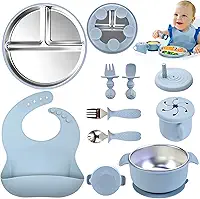 Kit Introdução Alimentar Bebe, Kit de 9 Alimentação Bebe Inox e Silicone, com Pratinho e Bowl de Alimentação com Ventosa, Babador, Copo, Tampa com Canudo, 2 Talheres Silicone e 2 Talheres Inox (Azul)