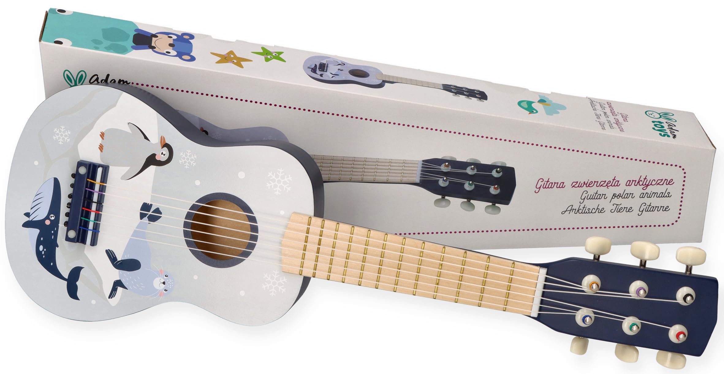 Holzspielzeug-Gitarre für Kinder ab 3 Jahren, 53x17x6 cm, 6-saitig mit Nylonsaiten – verziert mit Waldtieren und Noten – bemaltes Holz – Musikspielzeug für kleine Kinder