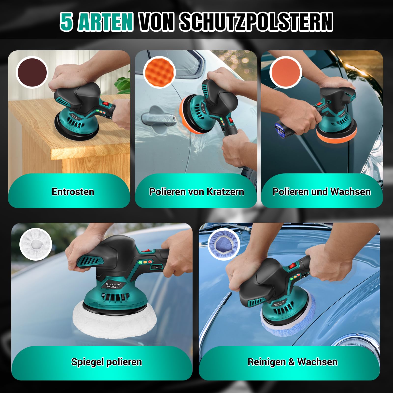 Akku Poliermaschine, Auto Poliermaschine Set 22pcs, Exzenter Poliermaschine mit 2pcs Batterie, Akku Wachsmaschine für Autodetailing, Autoreinigung und Polieren von Auto