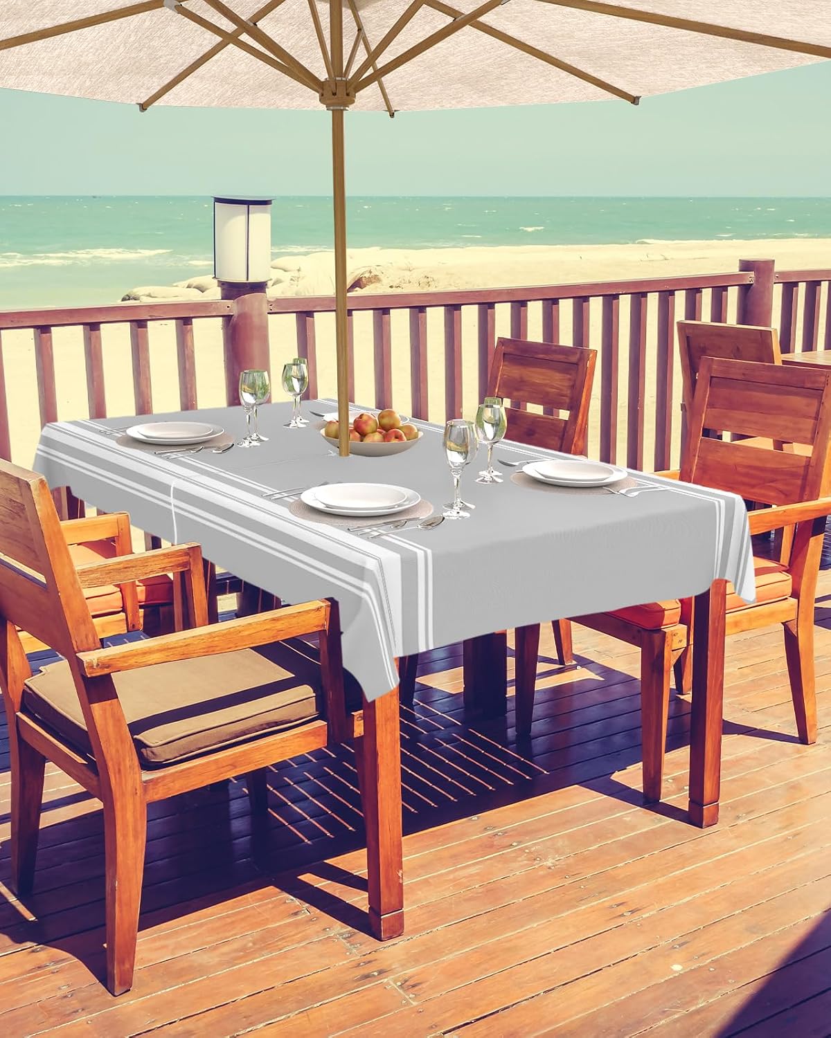 QueenKer Outdoor Tablecloth with Umbrella Hole, Farmhouse Gray White Stripe Rectangle Tables Waterproof Tabletop Collection for Patio, Garden, Picnic, Camping, Dining 60 x 120 inch