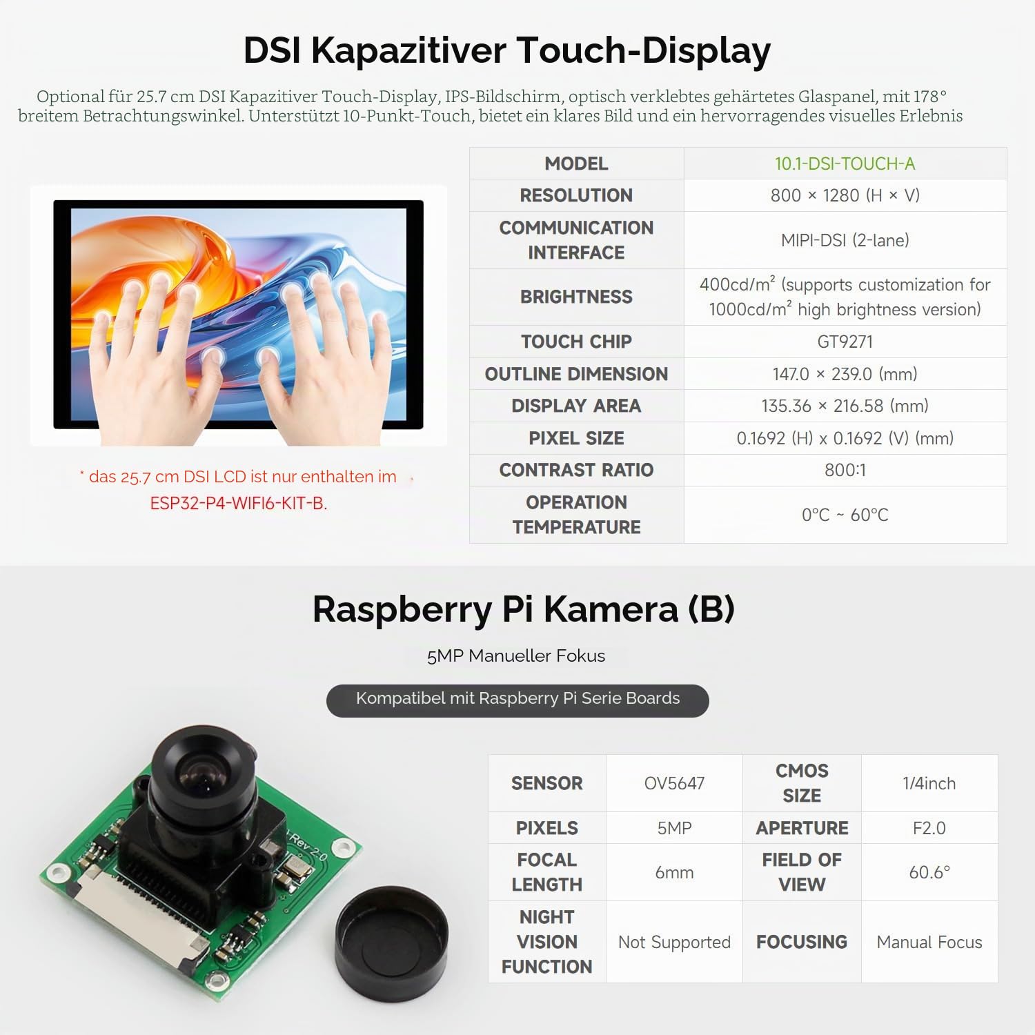 Waveshare ESP32-P4-WIFI6-KIT-B(with RPi Camera & 10.1inch DSI Touchscreen), High-Performance Development Board, Based On ESP32-P4 and ESP32-C6, Supports Wi-Fi 6 and BT 5 / BLE
