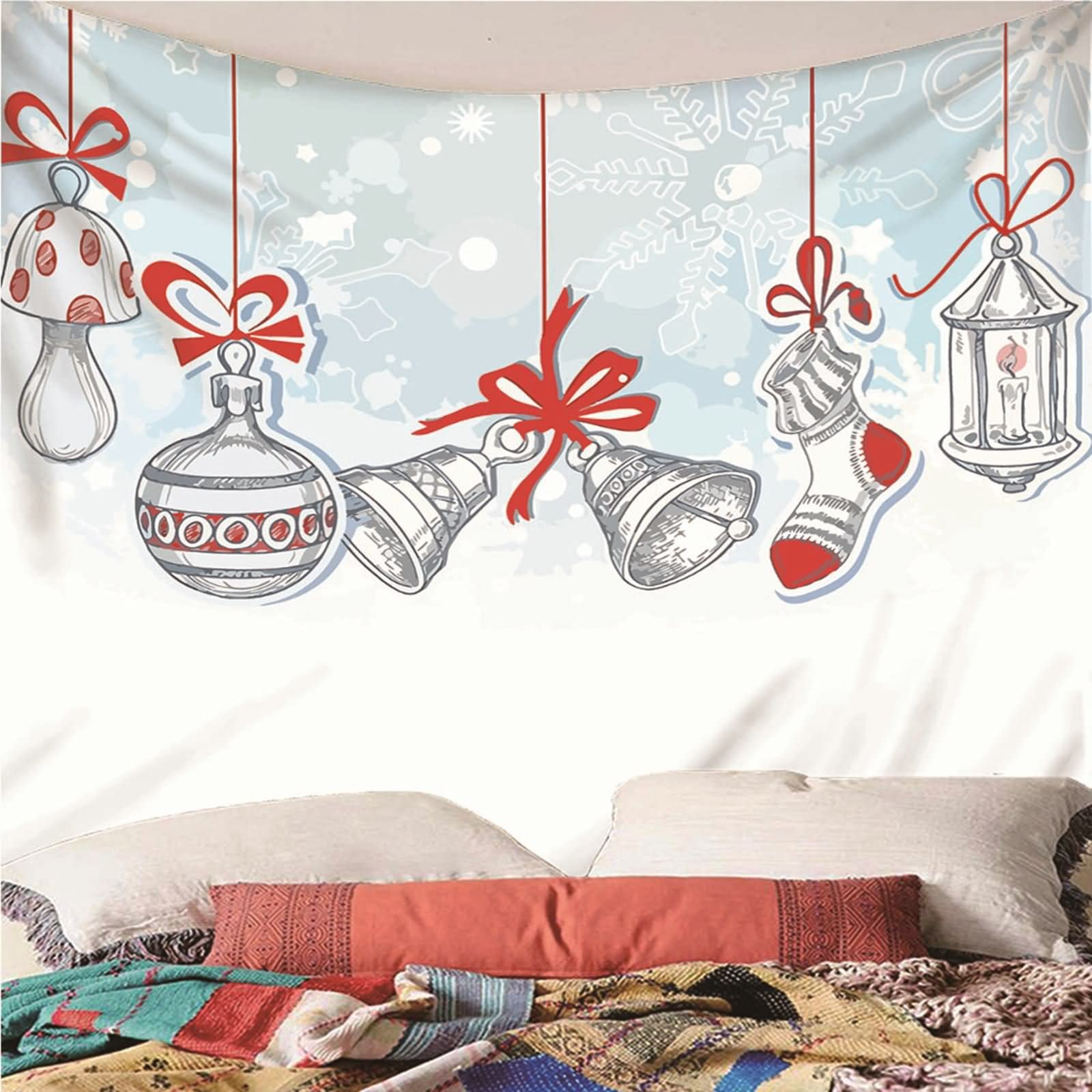 Tapices Salon, Decoración Cocina Pared Patrón de Colgante de Tema Navideño Poliéster Blanco Rojo 210x140CM