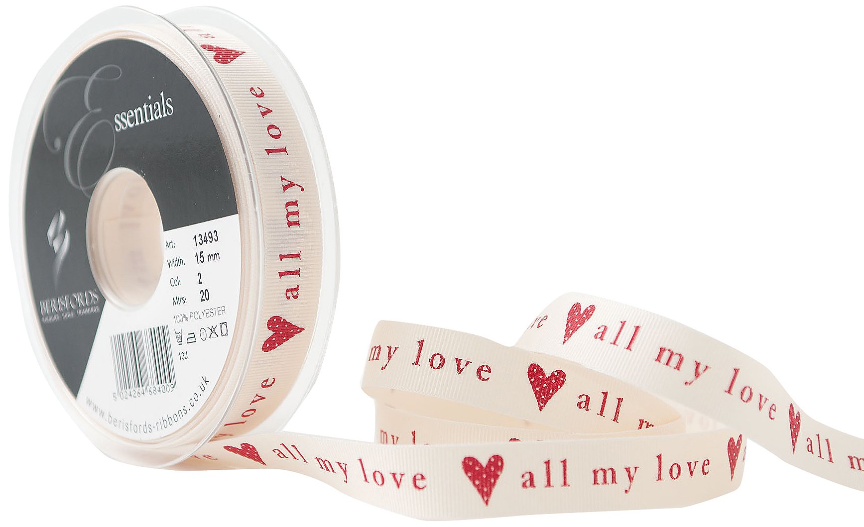 Berisfords 15mm All My Love Ribbon, Natural and Red, Natural/Red, 15mm x 20m