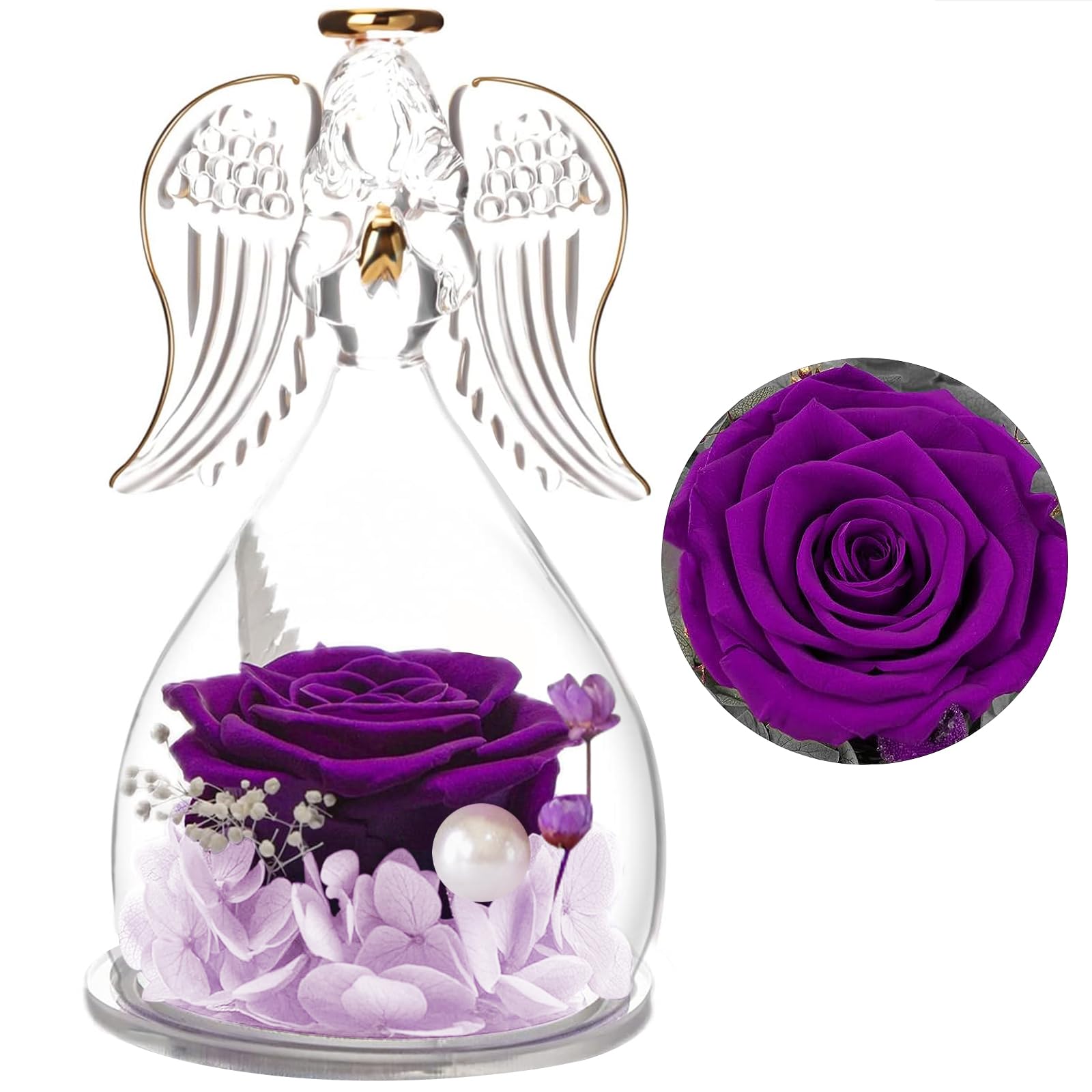 Rose éternelle Dans Un Dôme En Verre Avec Figurine Ange - Vrai Rose Conservée, Cadeau Romantique Pour Elle