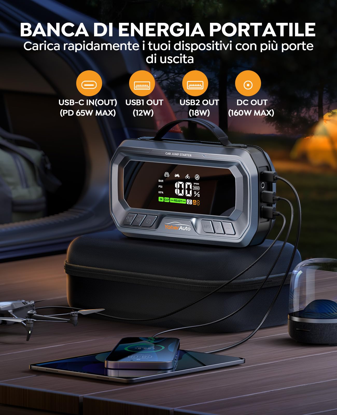 Booster Avviamento Auto con Compressore 160 PSI, YaberAuto 6000A Avviatore Batteria Auto, 65W Ricarica rapida,Starter Batteria Auto per Tutto Gas/12.0L Diesel, 600 Lumen Torcia,160W DC Uscita