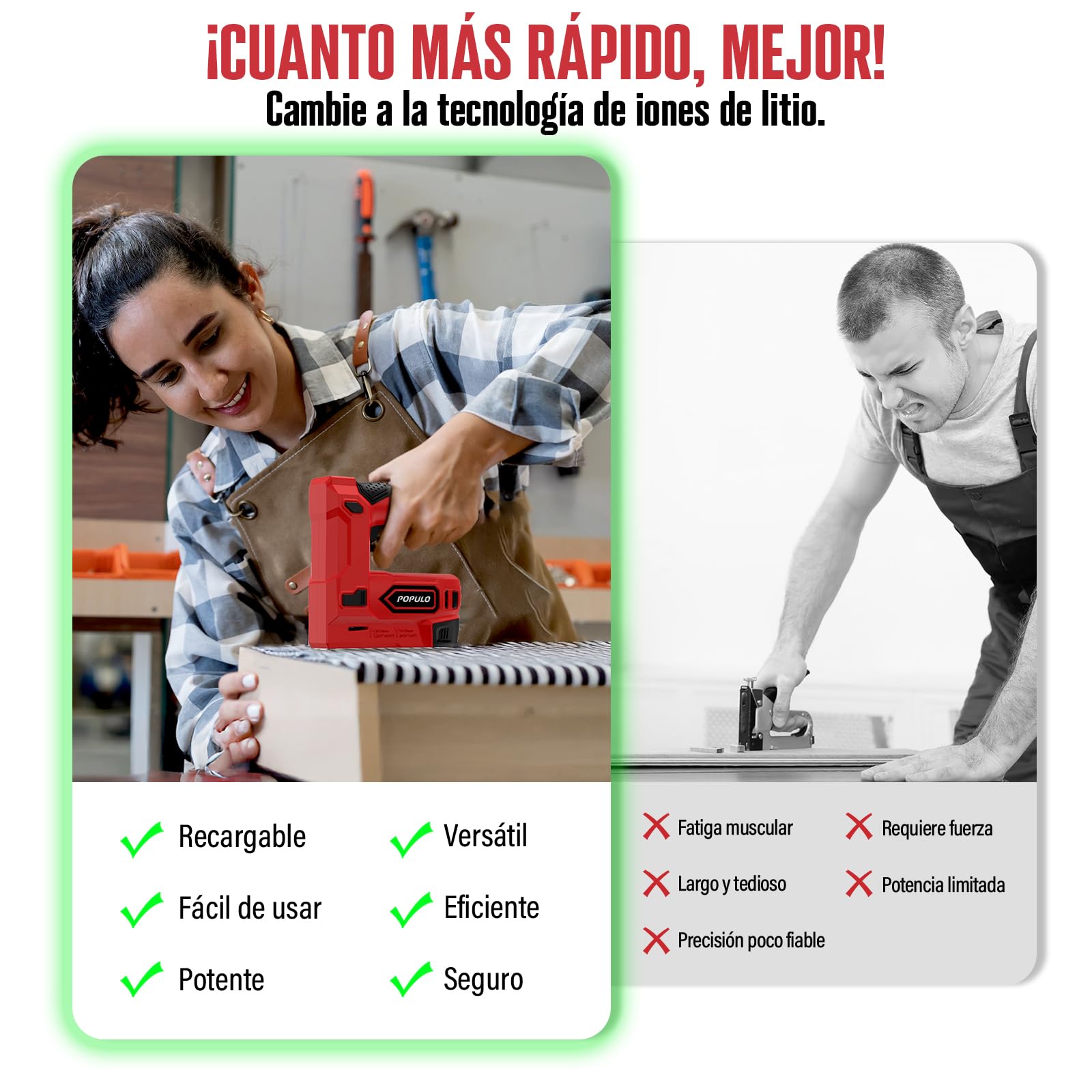 POPULO Pistola grapadora eléctrica, 2 en 1, grapadora eléctrica Tacker 4V, kit de clavadora Brad inalámbrica de 4V, pistola de clavos alimentada por batería para tapicería, carpintería, bricolaje con