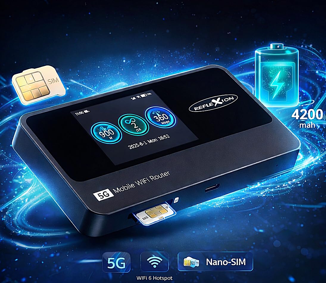 Reflexion 5GCONNECT - Mobiler 5G WLAN Router mit Akku 4200mAh, WiFi 6 Hotspot mit Nano-SIM Slot, 2,4 Zoll Display, bis 16 Geräte, USB-C, tragbarer Internet Router für Reisen/Homeoffice/Baustelle
