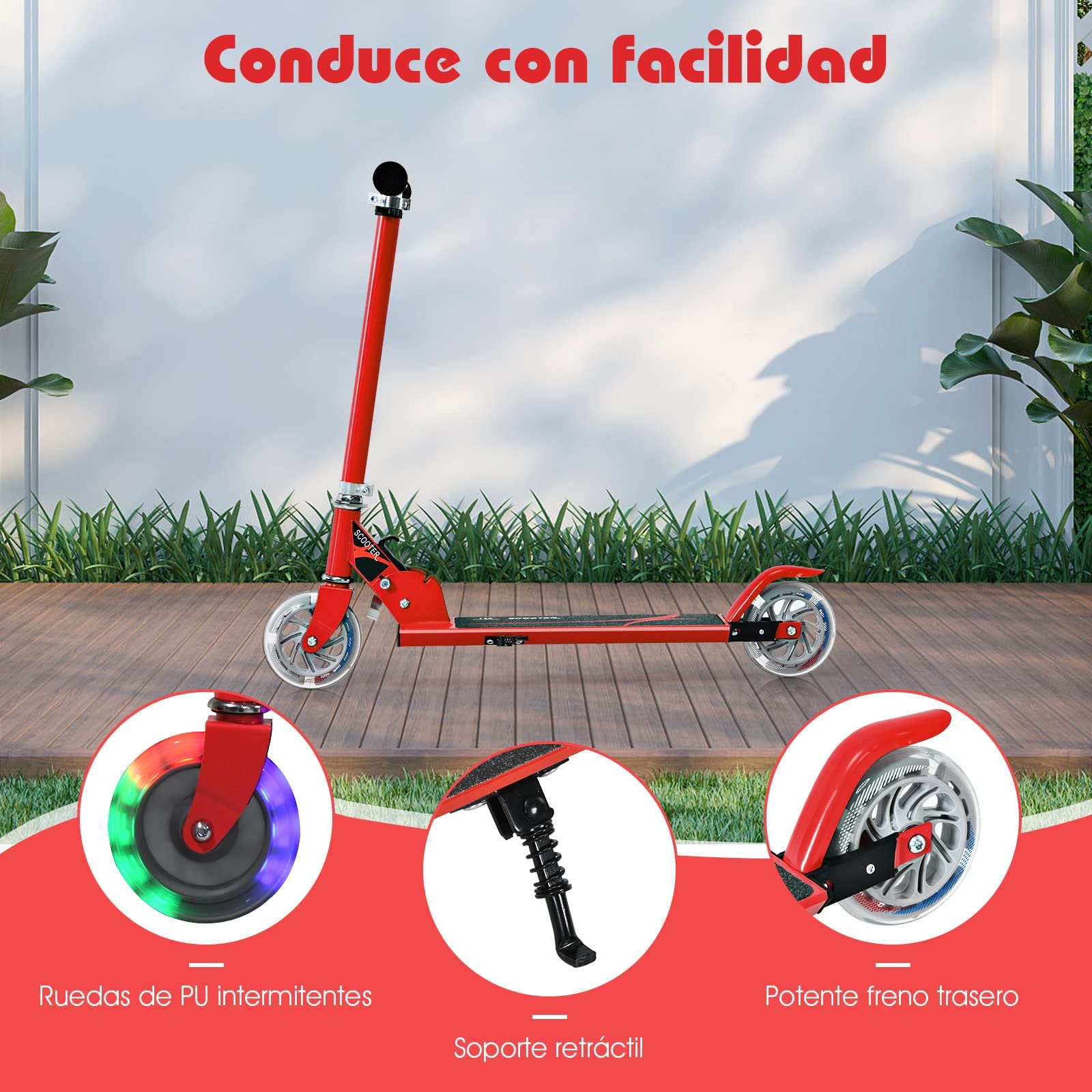 COSTWAY Patinete Niño,4 a 13 años, Scooter Roller con 2 Led Ruedas, Altura Ajustable, Patinete Plegable hasta 70kg