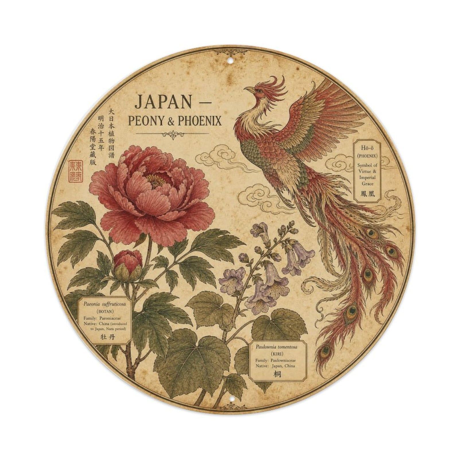Olyhtr 8X8inch Classic Style Meiji Japan Peony Phoenix Ceramic Folk Pattern Metal Tin Sign