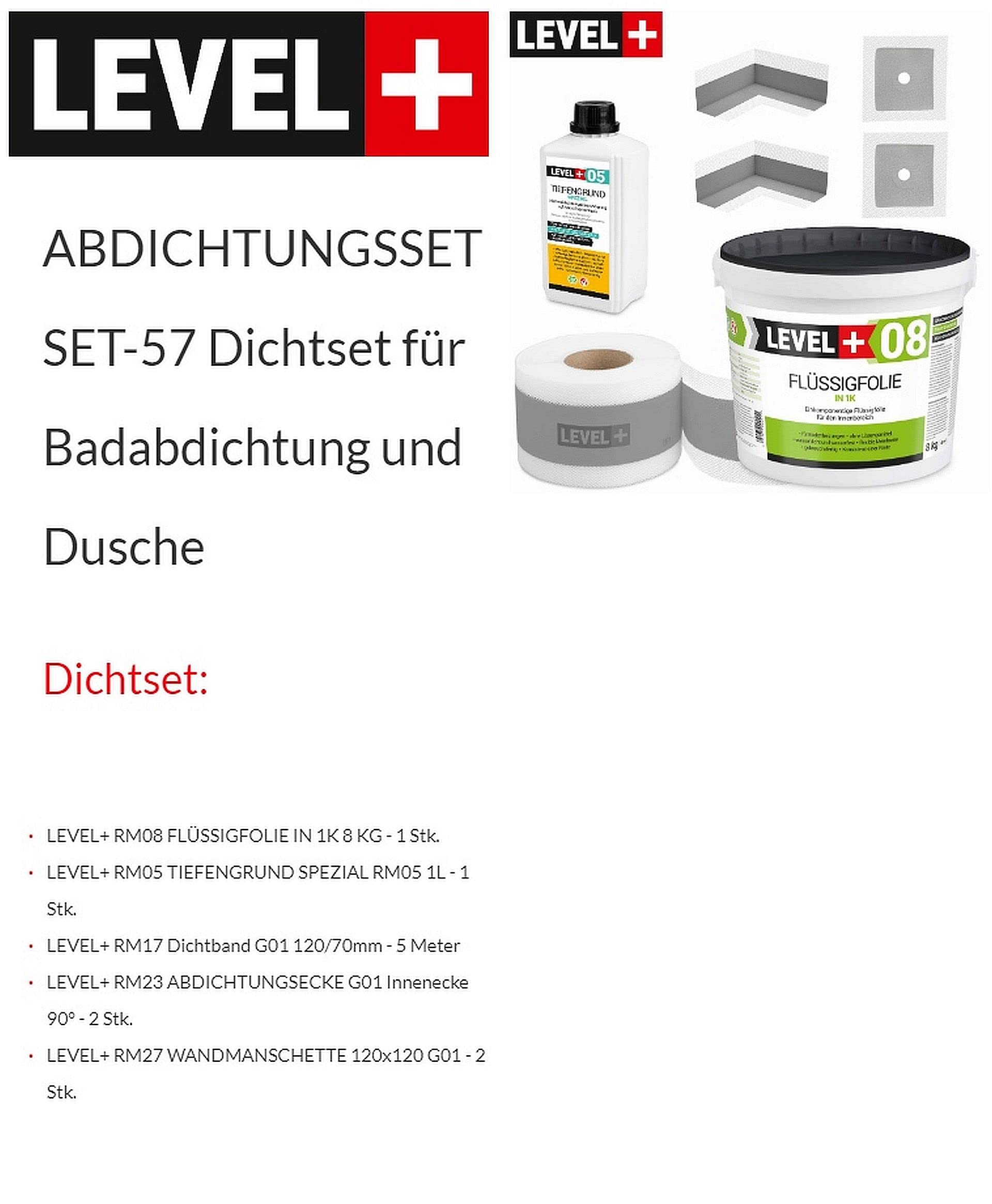 SET57 Dichtset Duschabdichtung Bad 8 Kg Flüssigfolie, 1L Tiefengrund, 5 m