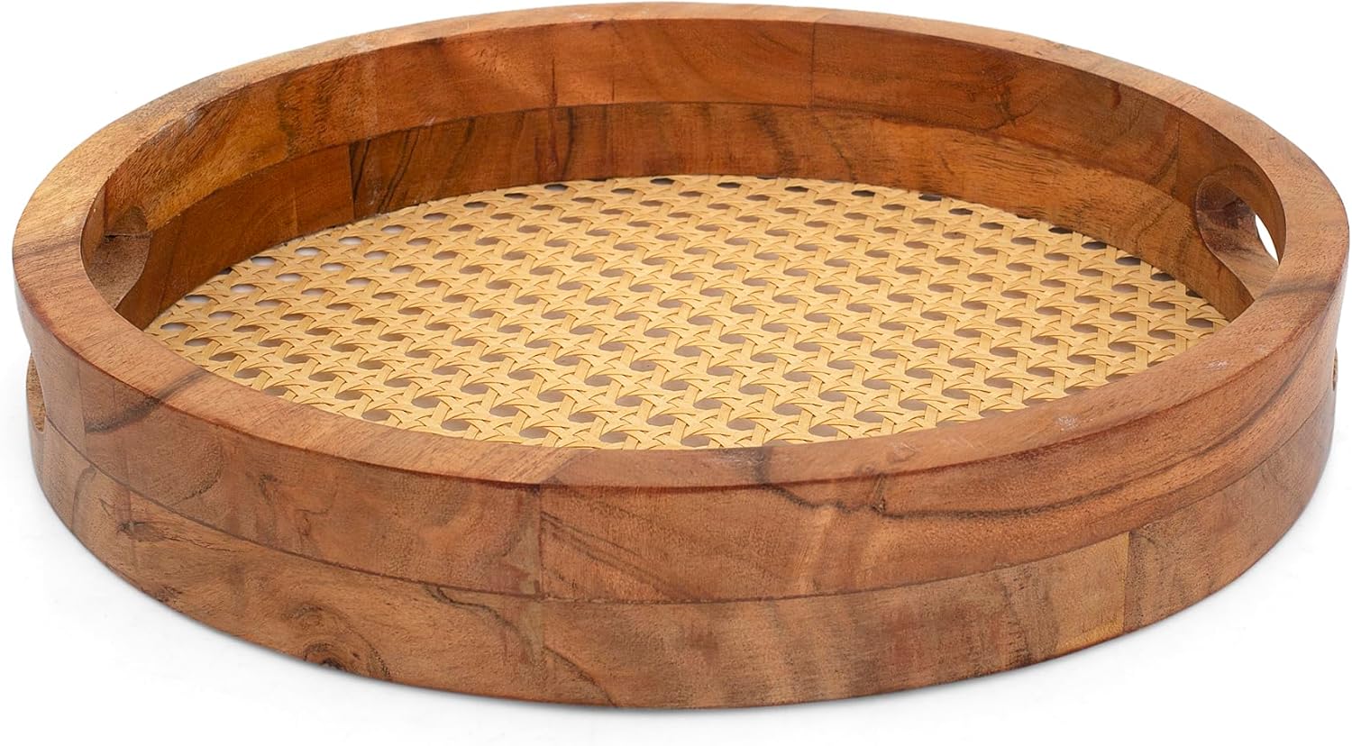 12 Inch Acacia Wood Serving Tray Round with Handles & Rattan Base, Decorative Wooden Platter for Kitchen Dining Charcuterie Cheese Board Breakfast Lunch Dinner Appetizer Beverages Ottoman Coffee Table