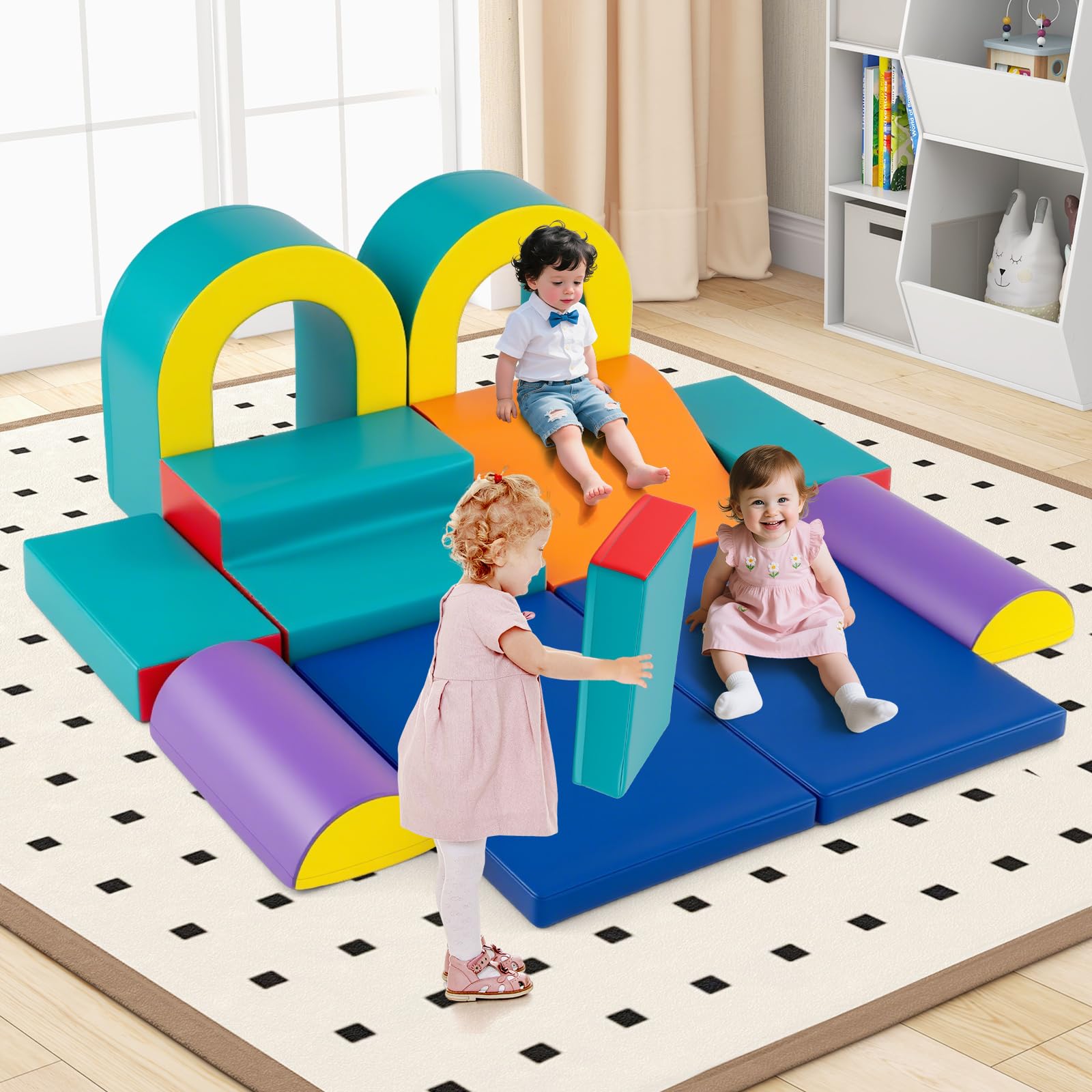 COSTWAY Set di 10 Blocchi da Arrampicata in Schiuma, Palestra da Gioco in Morbida Pelle Sintetica, Strutture Leggere per Scalare, Arrampicarsi, Scivolare, per Bambini 1+ Anno (Verde)