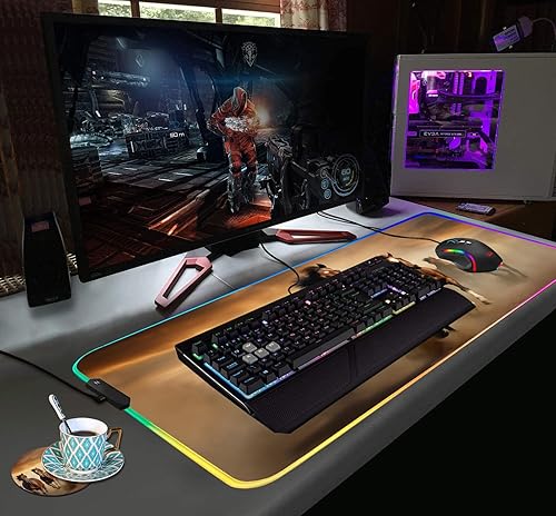 Vista 35 de Alfombrilla de mouse RGB para juegos con posavasos para café, alfombrilla de mouse LED grande XXL, base de goma antideslizante, alfombrilla de mouse