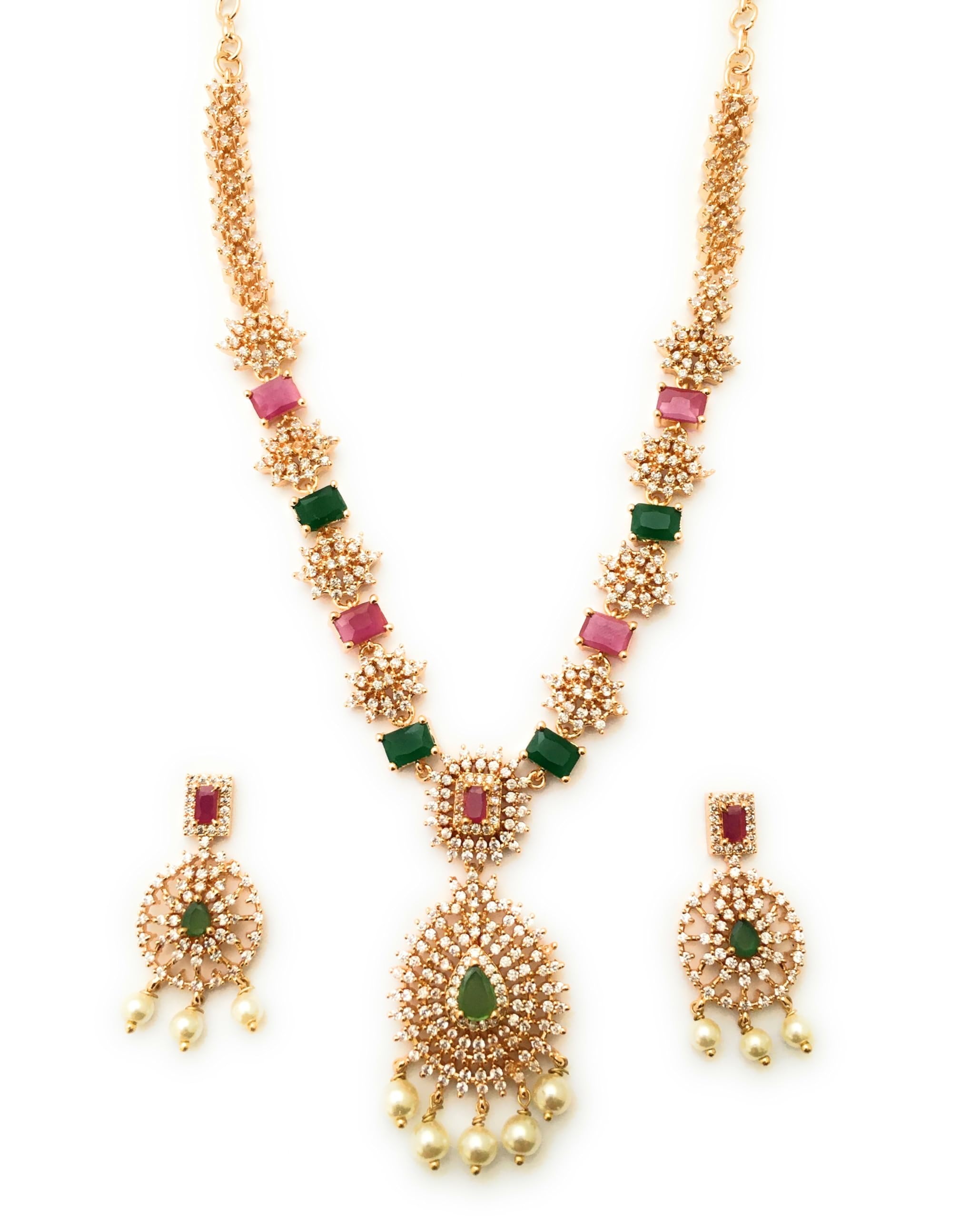 Sasitrends Traditional Micro Gold Plated Multi Color AD American Diamond Jewellery Necklace Jewellery Set for Women and Girls