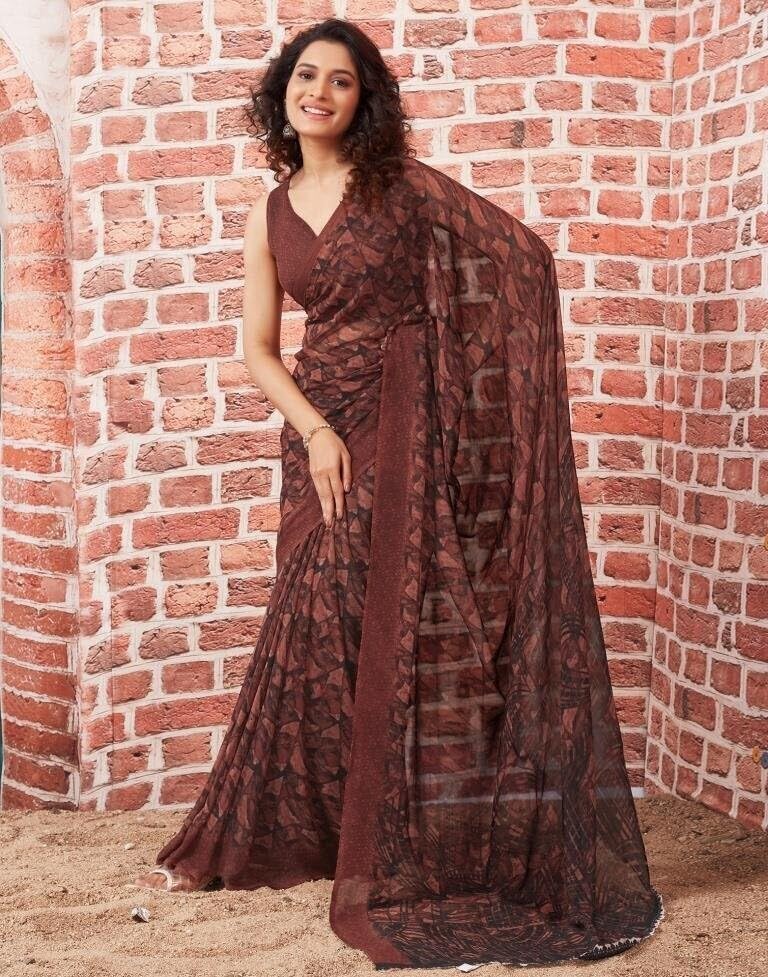 Shiv Textiles Women's Georgette Printed Saree(519S102_Brown)