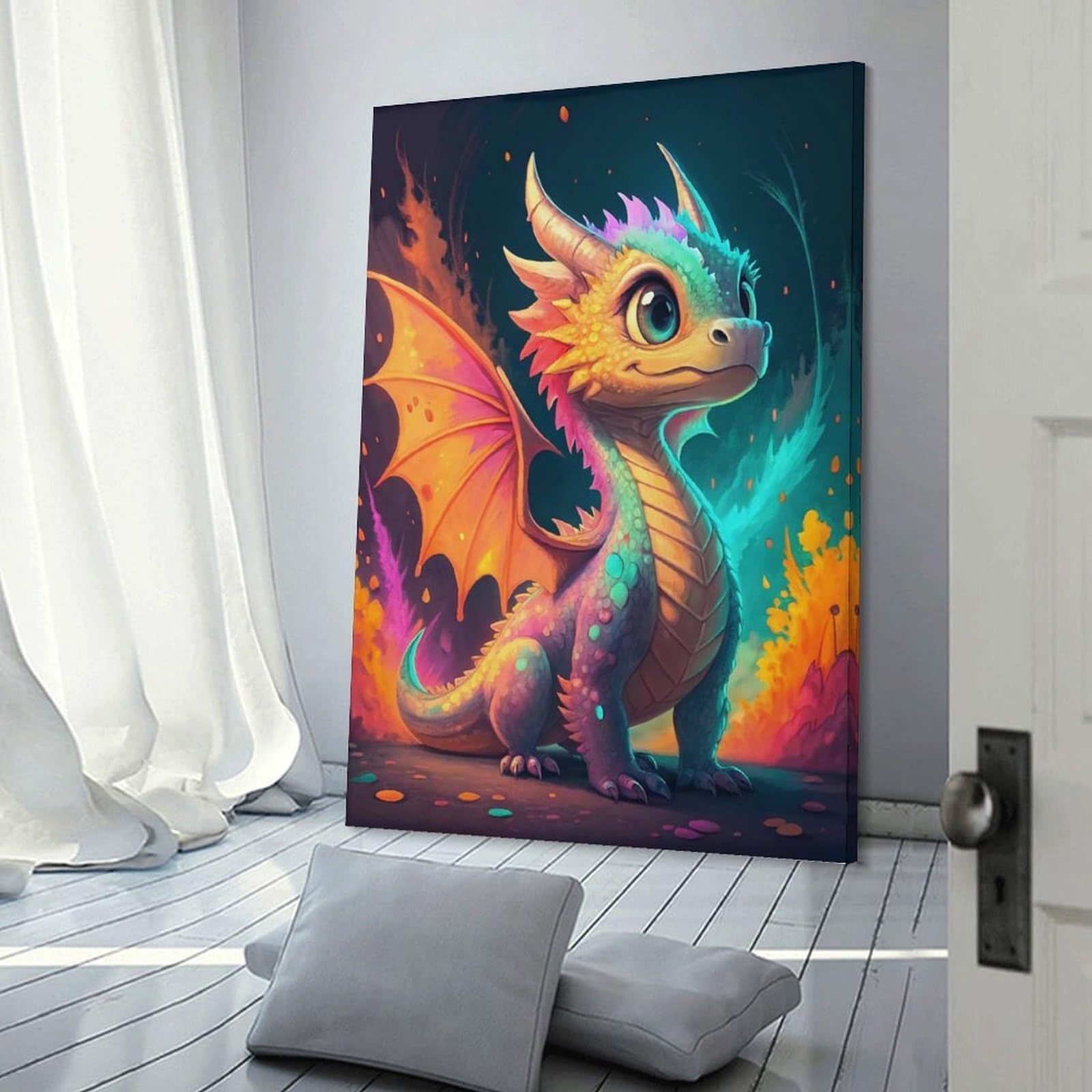 Junmoney Cute Baby Dragon with Colorful Wings Canvas Wall Decor, 16x24inch(40x60cm), for Gallery Wall Decor And Room Displays, Wall Decor Suited to Curated Displays