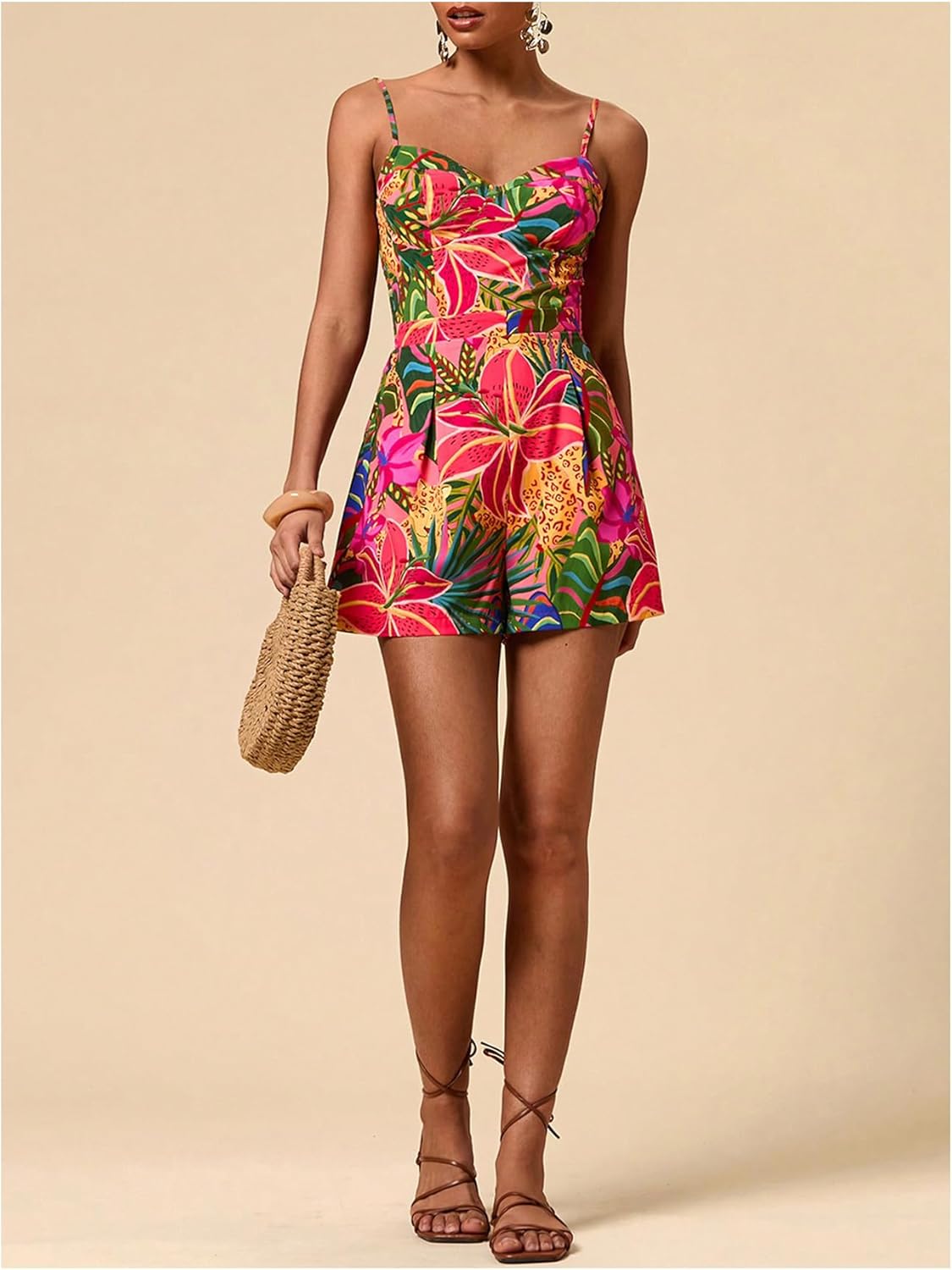 SweatyRocks Women's Spaghetti Strap Floral Print Wide Leg Romper Short Jumpsuit Summer Outfits - Image 5