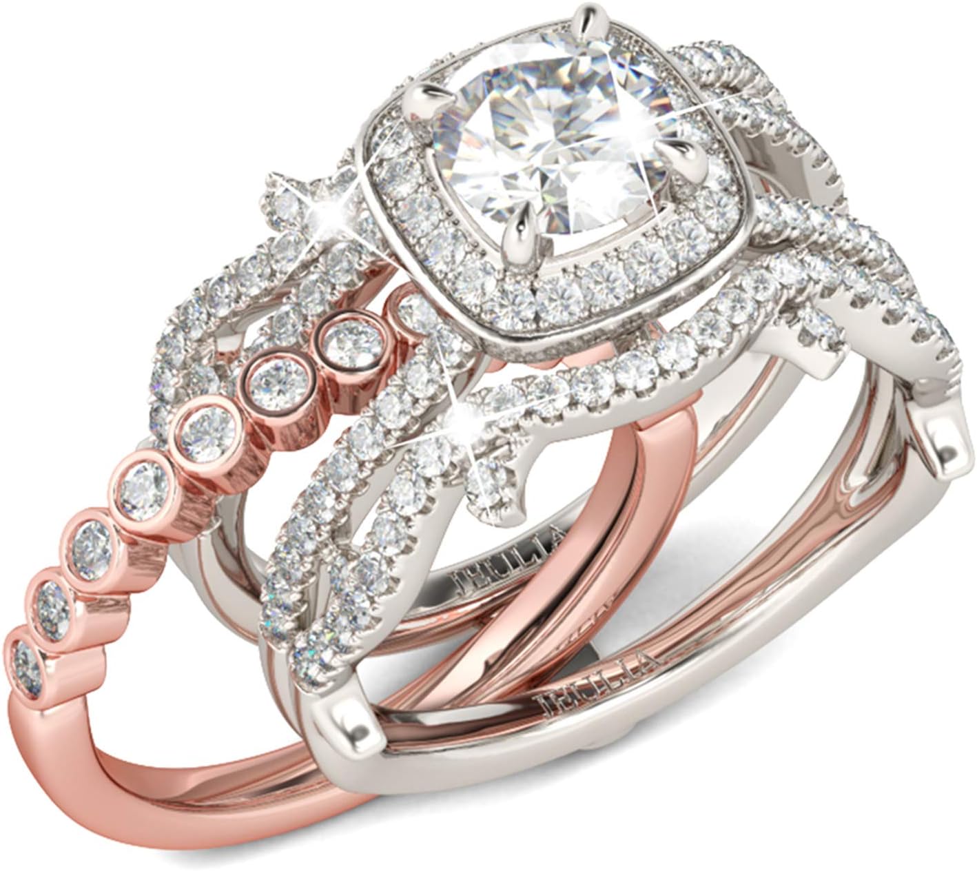 Jeulia Two Tone Interchangeable Rings Rose Gold Plated Engagement Rings Halo Round Cut Twisted Bridal Set Sterling Silver Wedding Anniversary Promise Rings