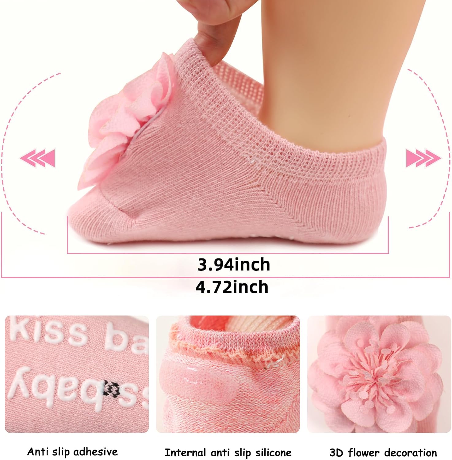 Baby Girl Socks with Non-Slip Grips, 4 Pairs Cute Soft Cotton Breathable Flower Infant Ankle Socks for Newborn