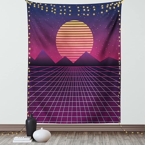 Ambesonne Synthwave Tapestry, Striped Sun with Triangular Mountains Retro Checkered Ground Artwork, Wall Hanging for Bedroom Living Room Dorm Decor, disponible en Yaxa Costa Rica