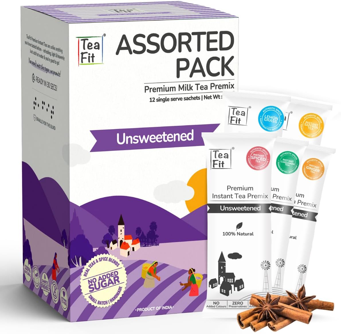 TeaFit Premium ZERO SUGAR Instant Assorted Tea Pack of 20 Sachets (280gm) + Spoon | Ginger-Cardamom-Masala-Saffron-Lemongrass Instant Milk Tea Premix | Diabetic Friendly | Instant Tea Premix Powder