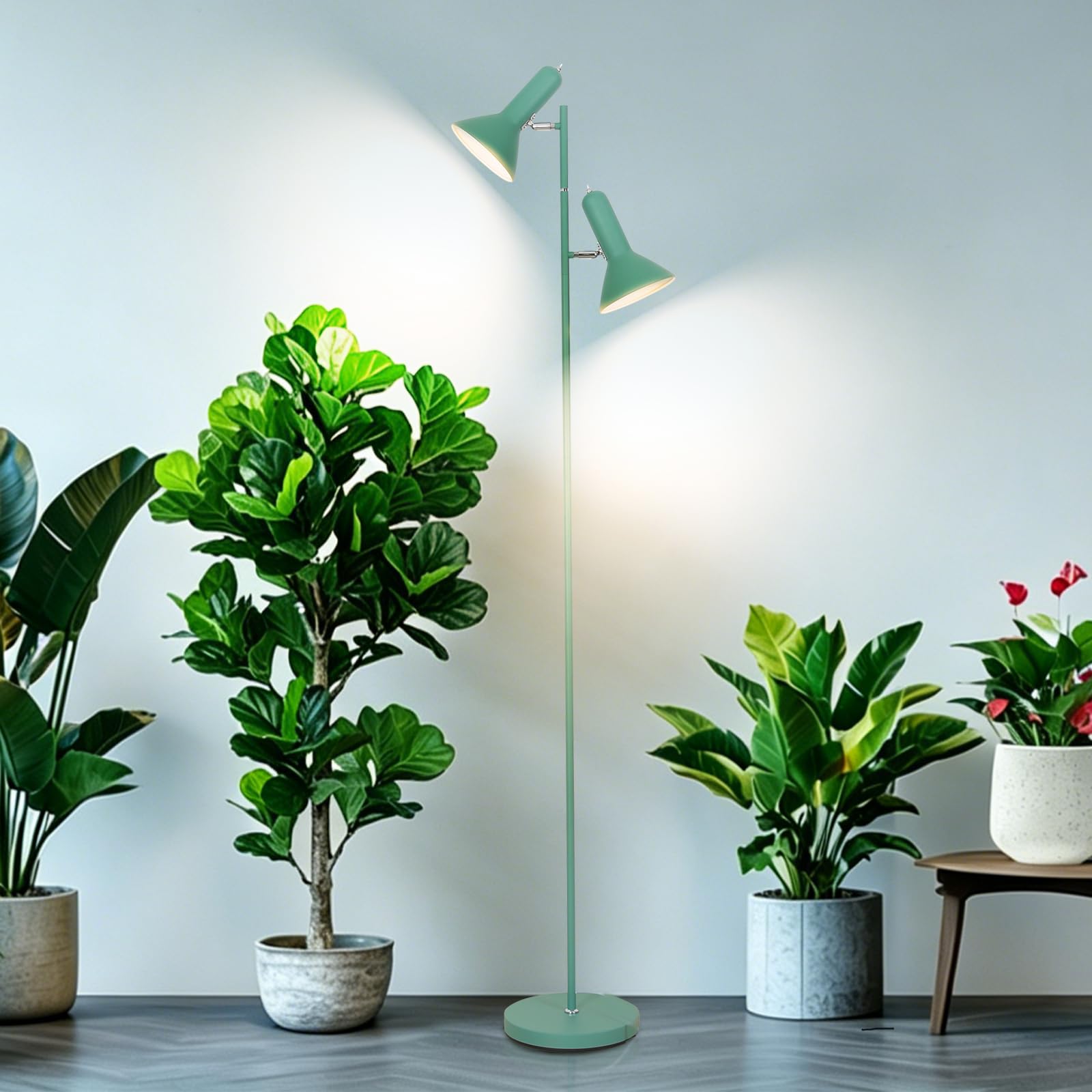 E27 Pflanzenlampe für Zimmerpflanzen, Stehlampe mit Ständer, 2 Flammig max. 60W(ohne Leuchtmittel), Metall Stehleuchte Pflanzenlicht Einstellbare Winkel mit Schalter für Sofa Wohnzimmer Büro, Grün