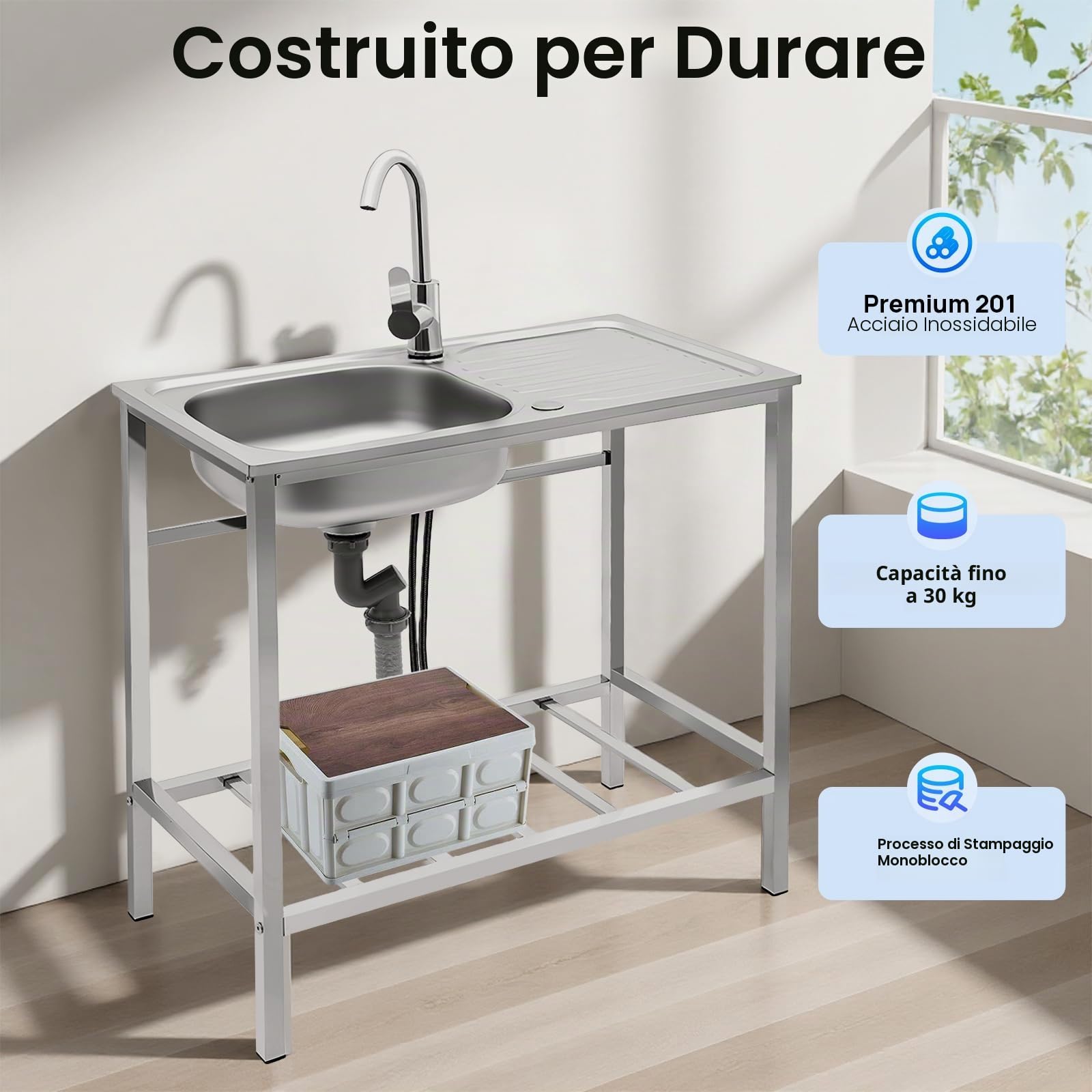 Lavello autoportante in acciaio inox, lavandino portatile con vasca e rubinetto, lavello da cucina commerciale, 75 x 40 x 76 cm, grande lavello di servizio autoportante per esterni e interni