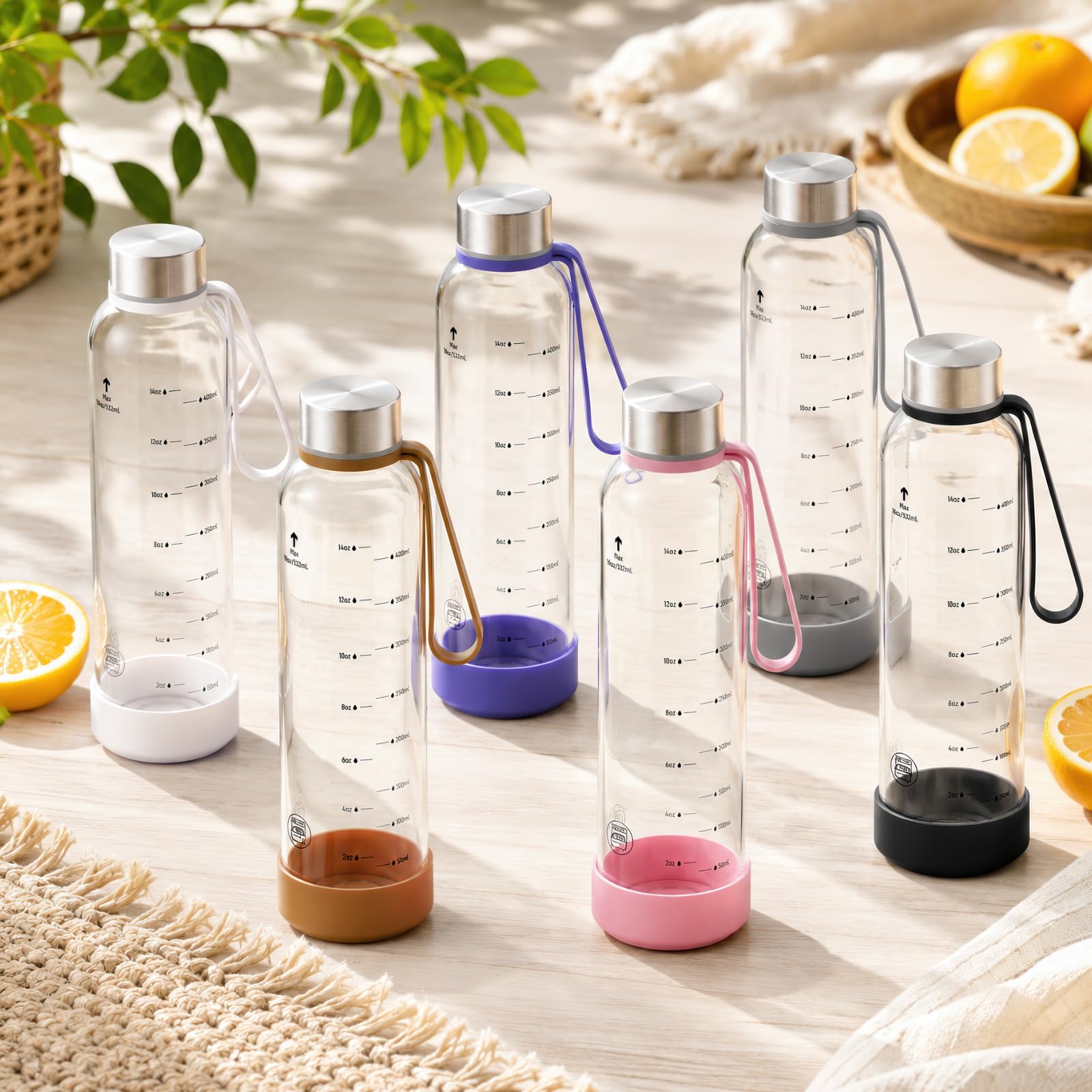 Sursip 18 oz Glass Water Bottles, 6 Pack