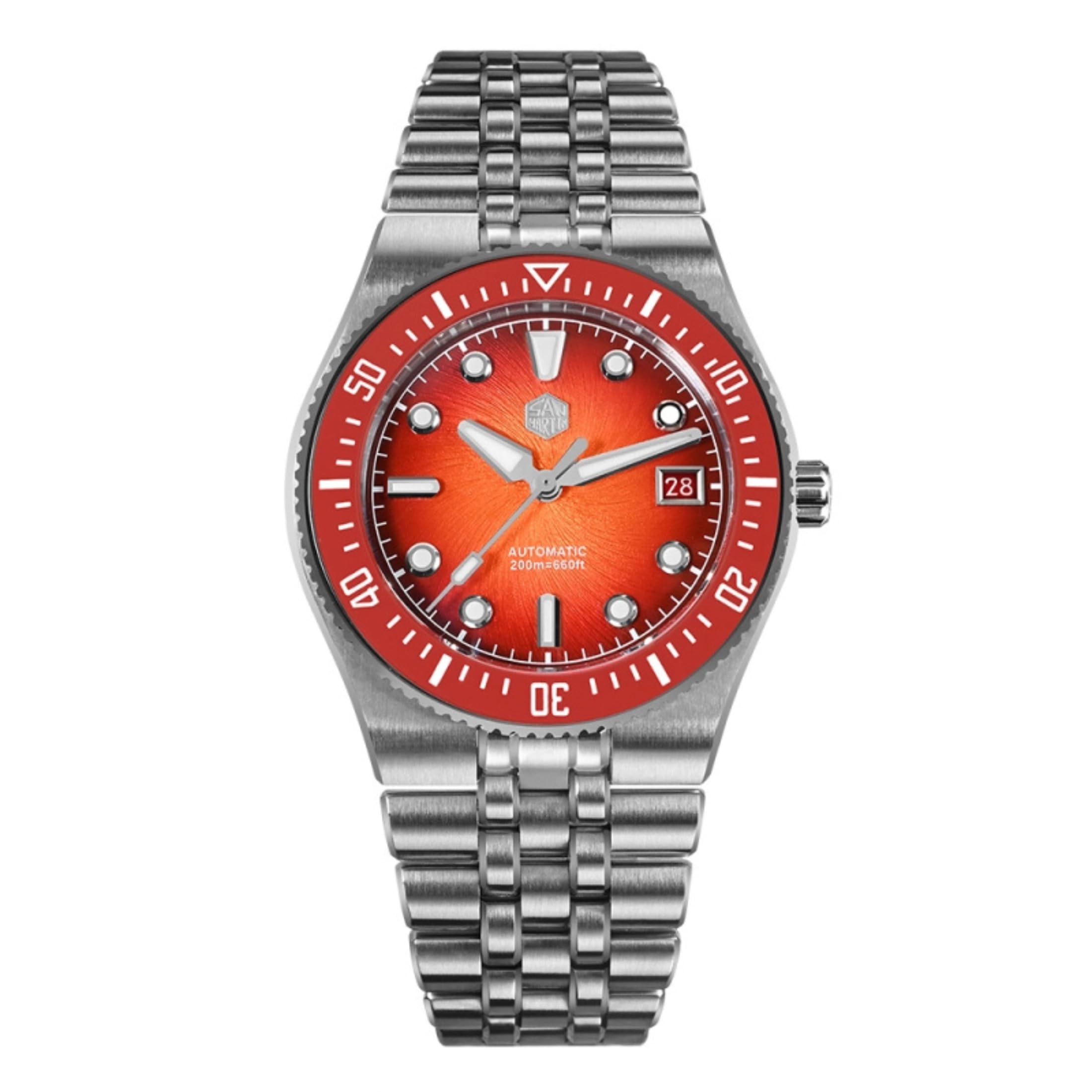 San Martin Watches for Men - SN0148G 40mm 9015 Automatic Movement Dive Watch 20 Bar Waterproof Sapphire Crystal BGW-X1 Luminous Wristwatch SN0148GB Red/ Integrated Bracelet