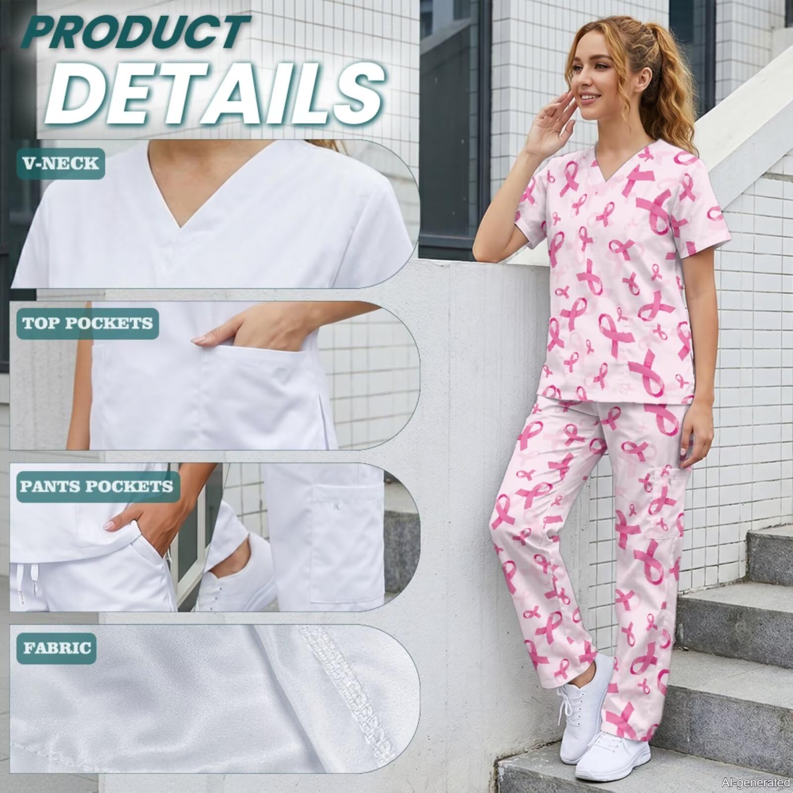 Breast Cancer Awareness damski zestaw szorowania różowa wstążka z czapką | Wygodny top i spodnie z szerokimi nogawkami ze sznurkiem do biura medycznego, odzież robocza, można prać w pralce