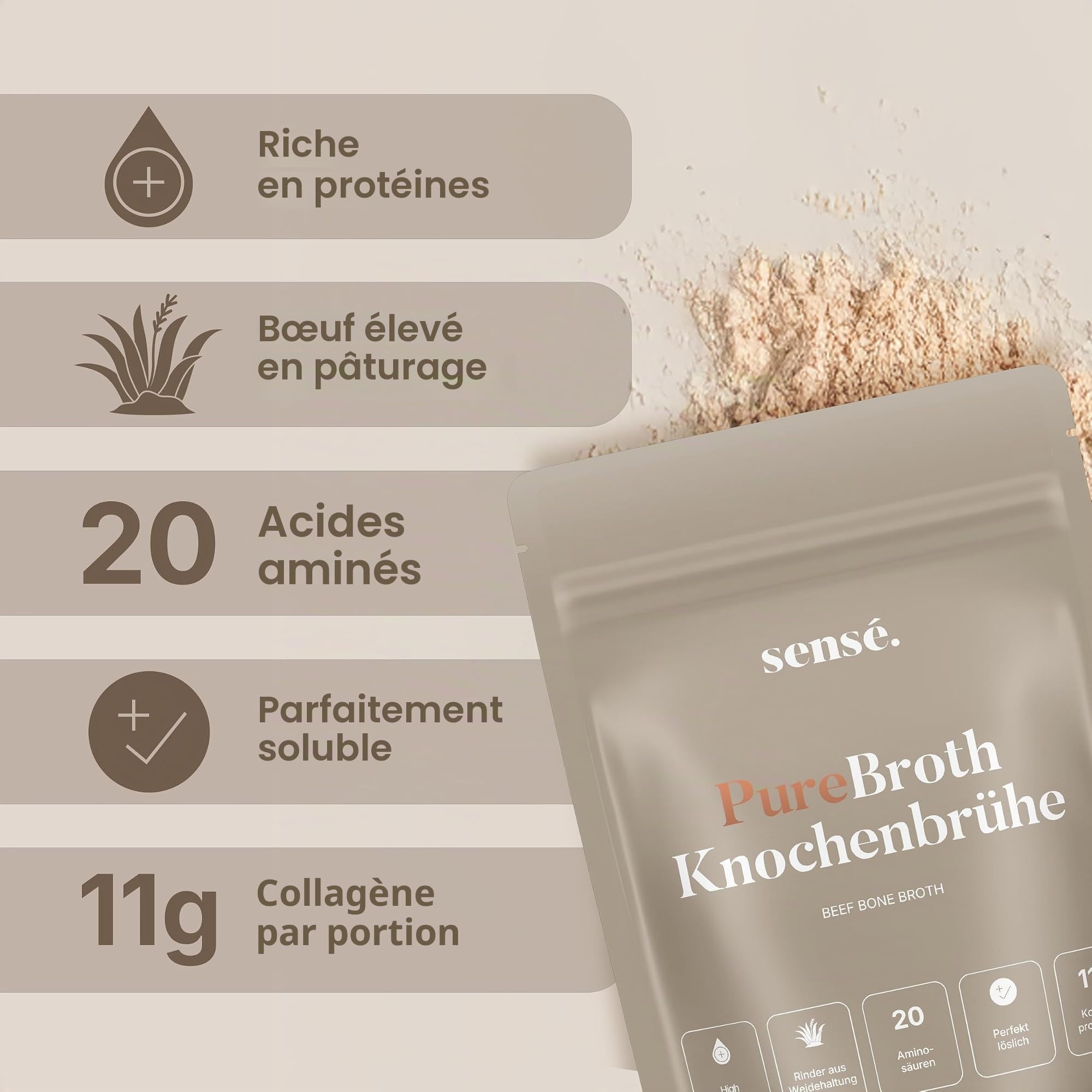 Poudre de bouillon d'os de bœuf de pâture, d'Allemagne, bioactif, 150g – Collagène de type 1, 2 et 3 | Soutient les articulations, l'intestin et la peau | haute teneur en protéines | Leaky Gut, Céto