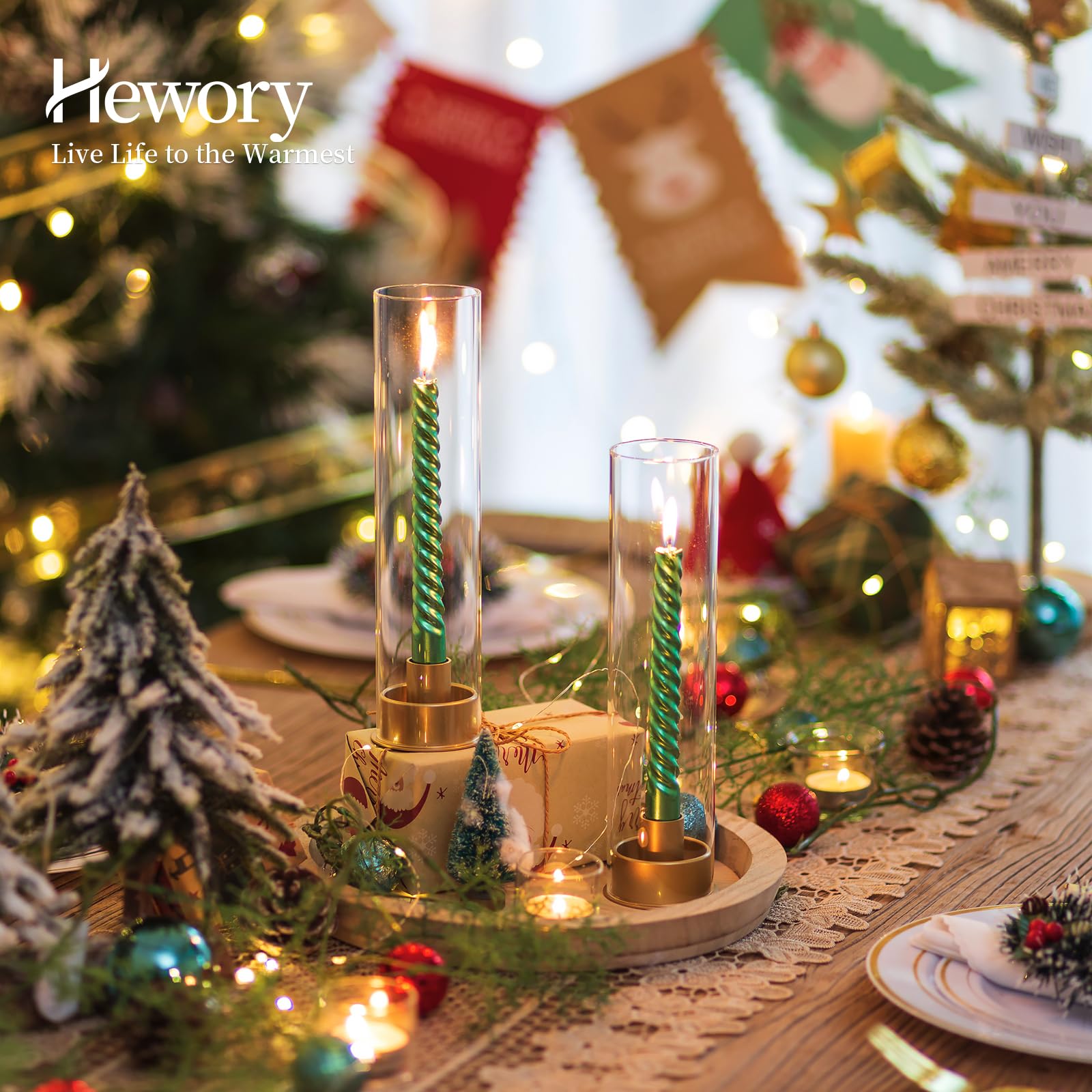 Hewory Kerzenständer Set - 6 Goldene Stabkerzenhalter Mit Windlicht Glas