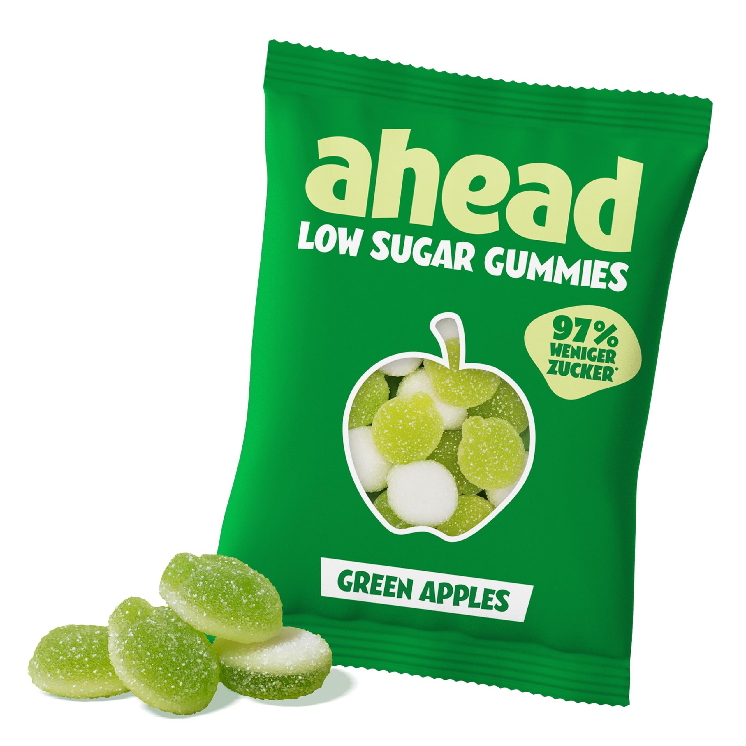ahead Green Apples Gummibärchen | Apfelgeschmack Fruchtgummi 18 × 50g | Gummibärchen ohne Zuckerzusatz | Nur 1g Zucker & 72 kcal pro 50 g | Kalorienarme Süßigkeiten & ballaststoffreich - 1