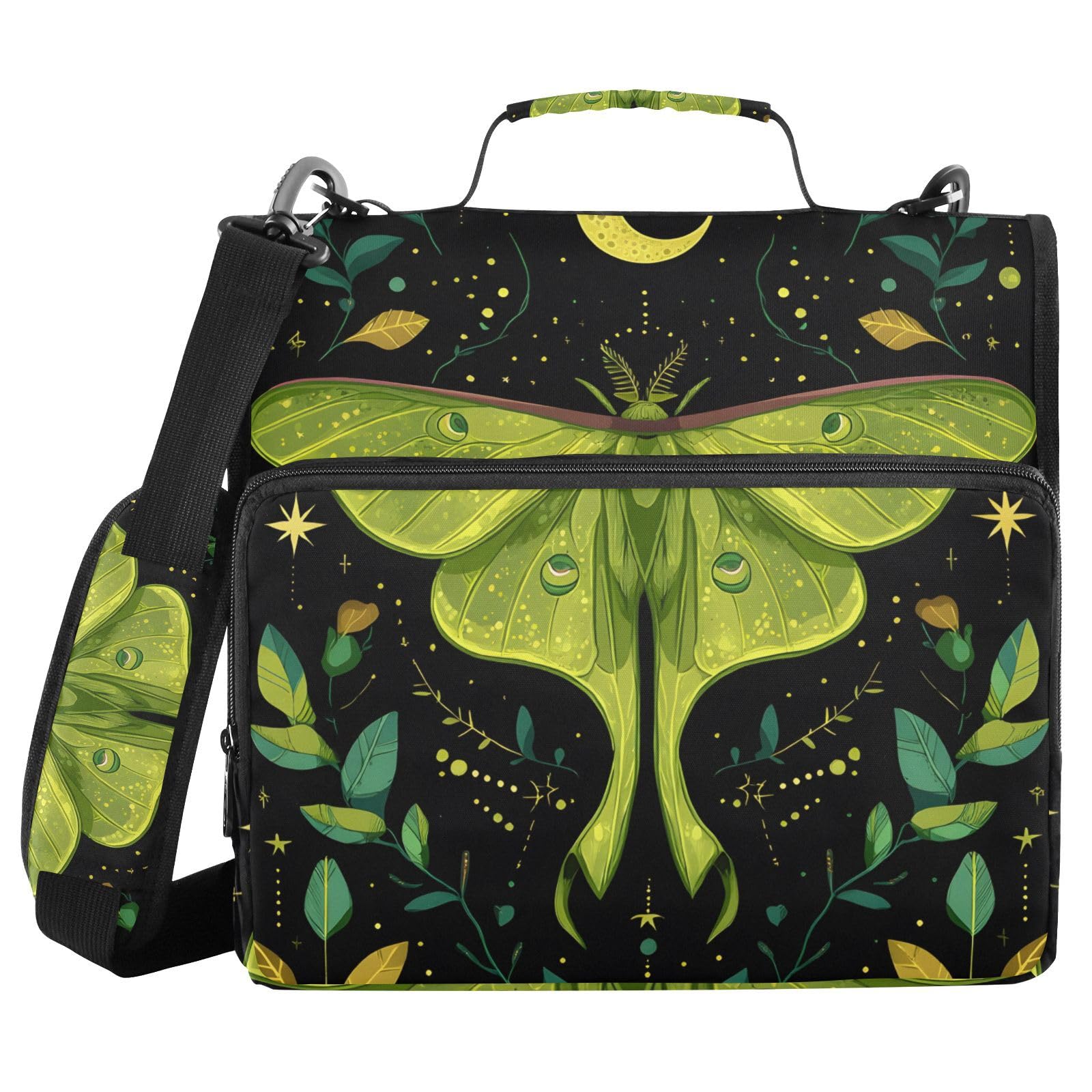 3 Ring Zipper Binder with Shoulder Strap Mystical Green Moon Moth Boho 1.5 inch Binders Keeper Large Capacity Multi Pockets for School Office Supplies