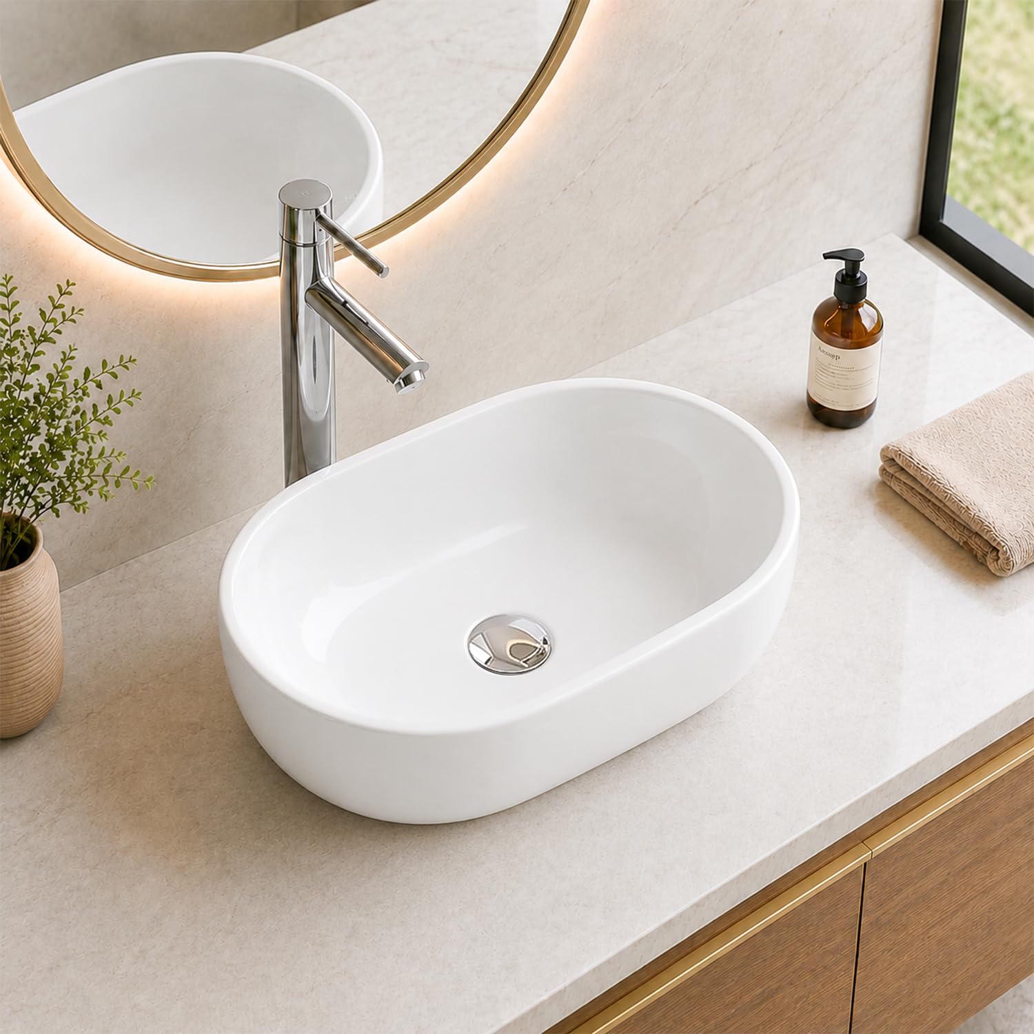 Belofay White Counter Top Bathroom Sink Basin – Modern Ceramic Wash Basin With Scratch-Resistant Gloss Surface – Sink Basins For Cloakroom,Vanity Cabinet And Bathrooms (Oval 2)