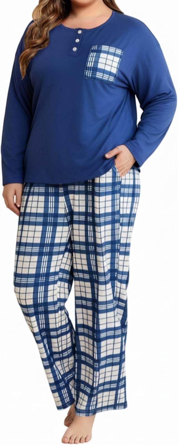 FLYCURVY Women's Pajama Sets 2 Piece Long Sleeve Sleepwear Soft Pj Set Loungewear Plaid Pjs with Pockets