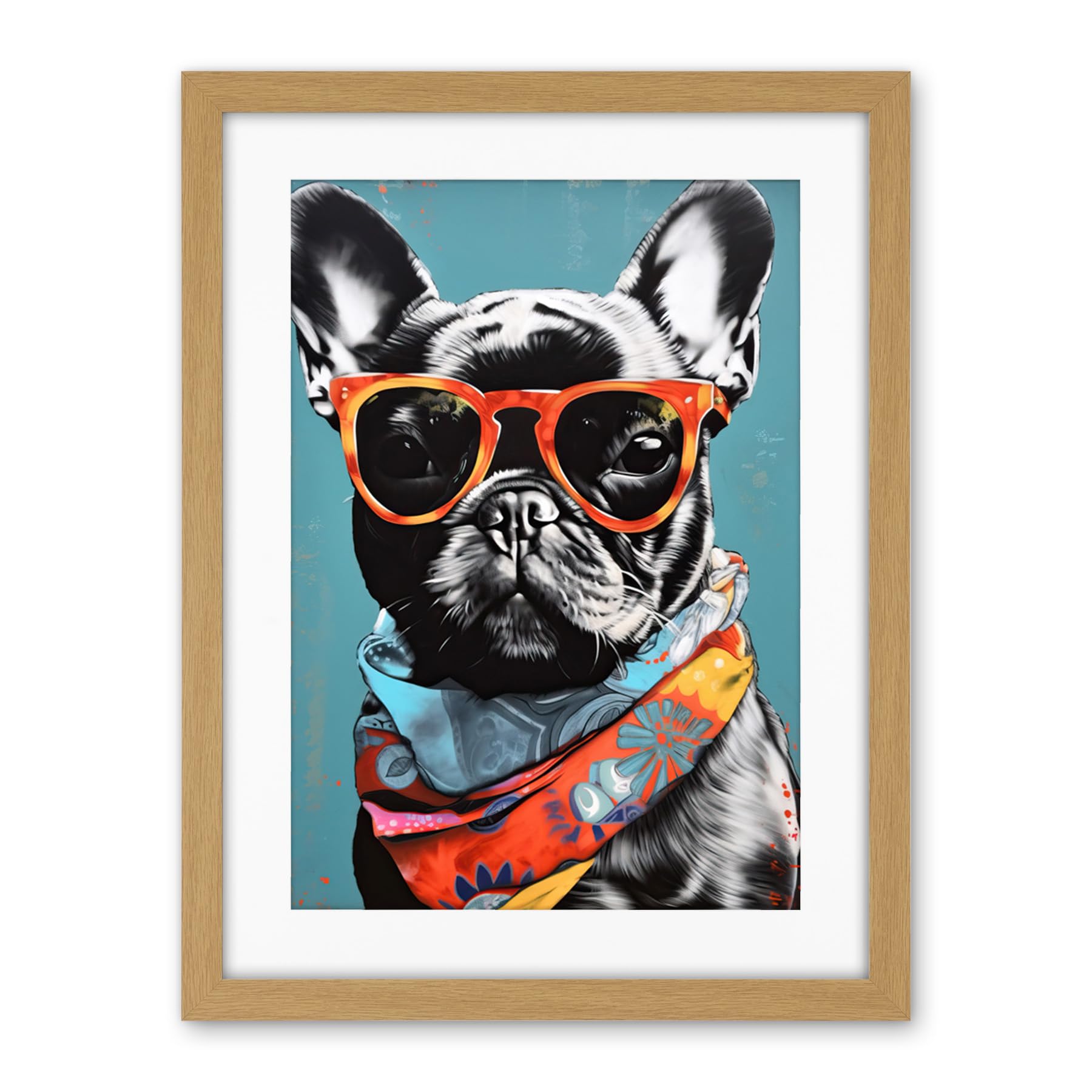 Artery8 English Bulldog Wearing Bandana and Sunglasses Artwork Framed Wall Art Print 18X24 Inch