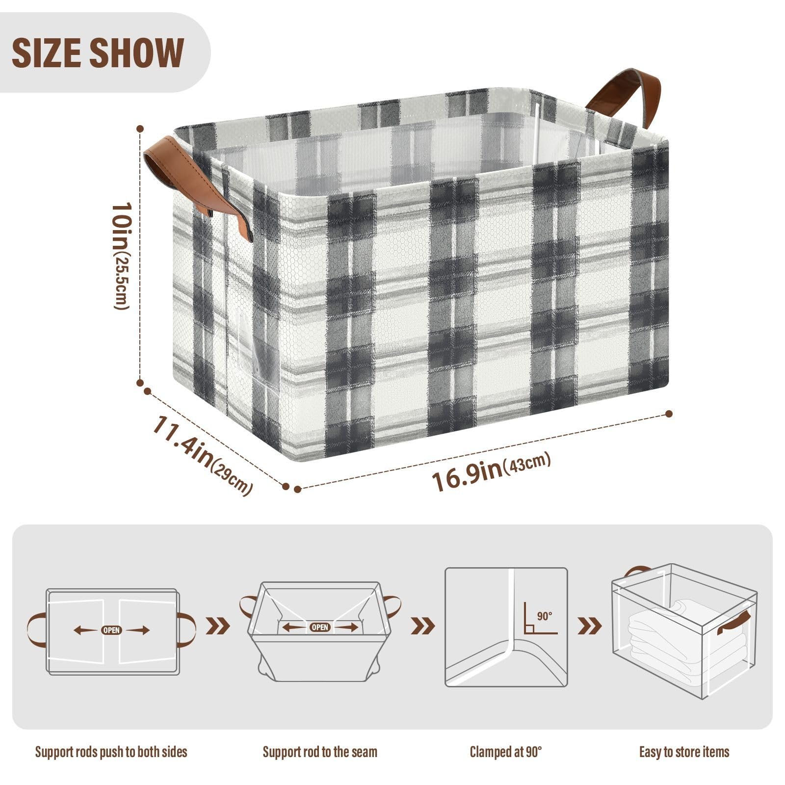 KLL Cestino in tartan nero e bianco per riporre oggetti con manici, pieghevole, in tessuto, cubi organizer per vestiti e 2 confezioni cajas para organizar ropa