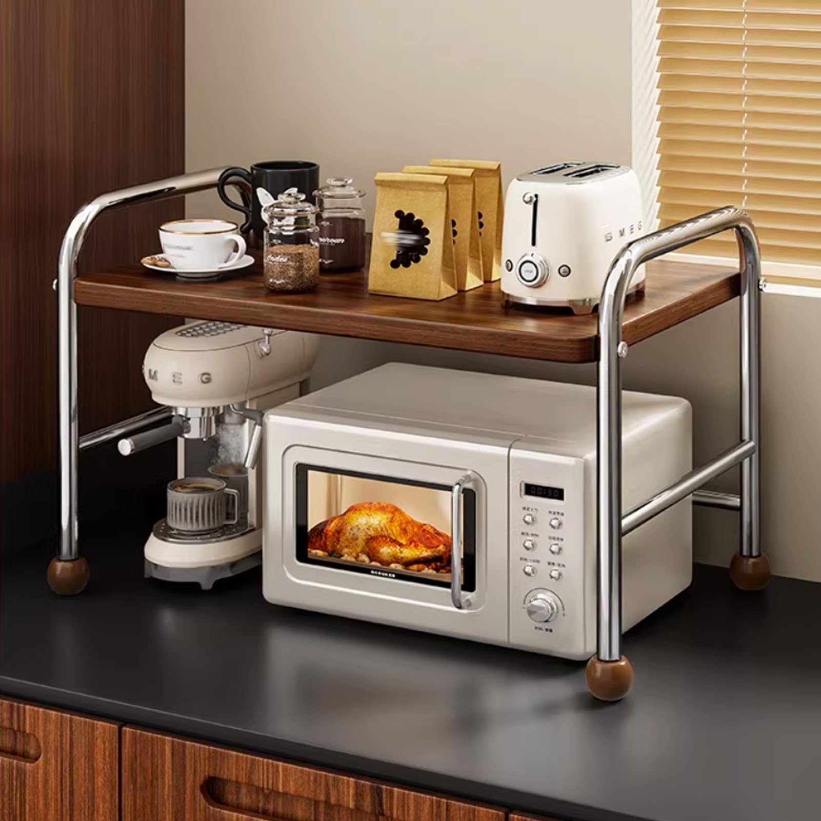 Wooden Microwave Stand, Metal Microwave Oven Rack, Multifunctional Microwaves Shelf Countertop, Kitchen Counter Top Organizer for Air Fryer, Rice Cooker, Spice(Silver,L60cm/23.6'')