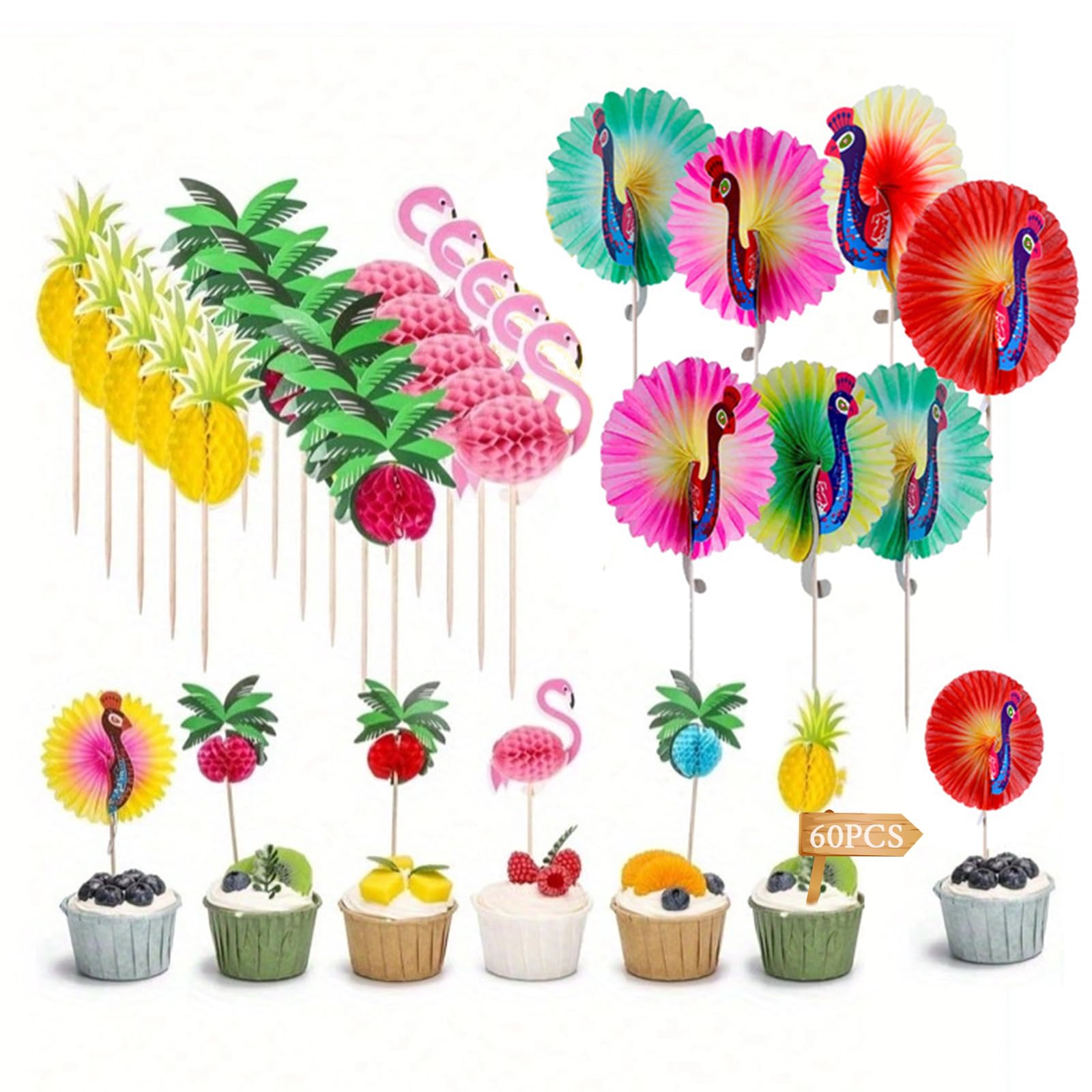 60 Pezzi Tuzzicadenti Decorativi in Legno, Bastoncino da Cocktail, Spiedini da Cocktail con Graziose Decorazioni, Stuzzicadenti Lunghi Decorazione, per Feste, Matrimoni, Compleanni