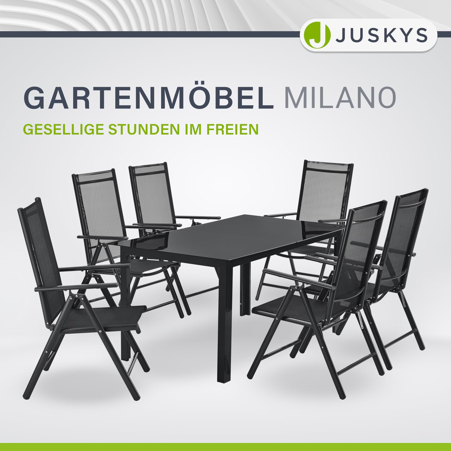 Juskys Gartengarnitur Milano 7-teilig – Gartenmöbel Set mit Tisch & 6 Hochlehner Stühlen, verstellbar & klappbar, wetterfeste Sitzgarnitur aus Aluminium – Grau