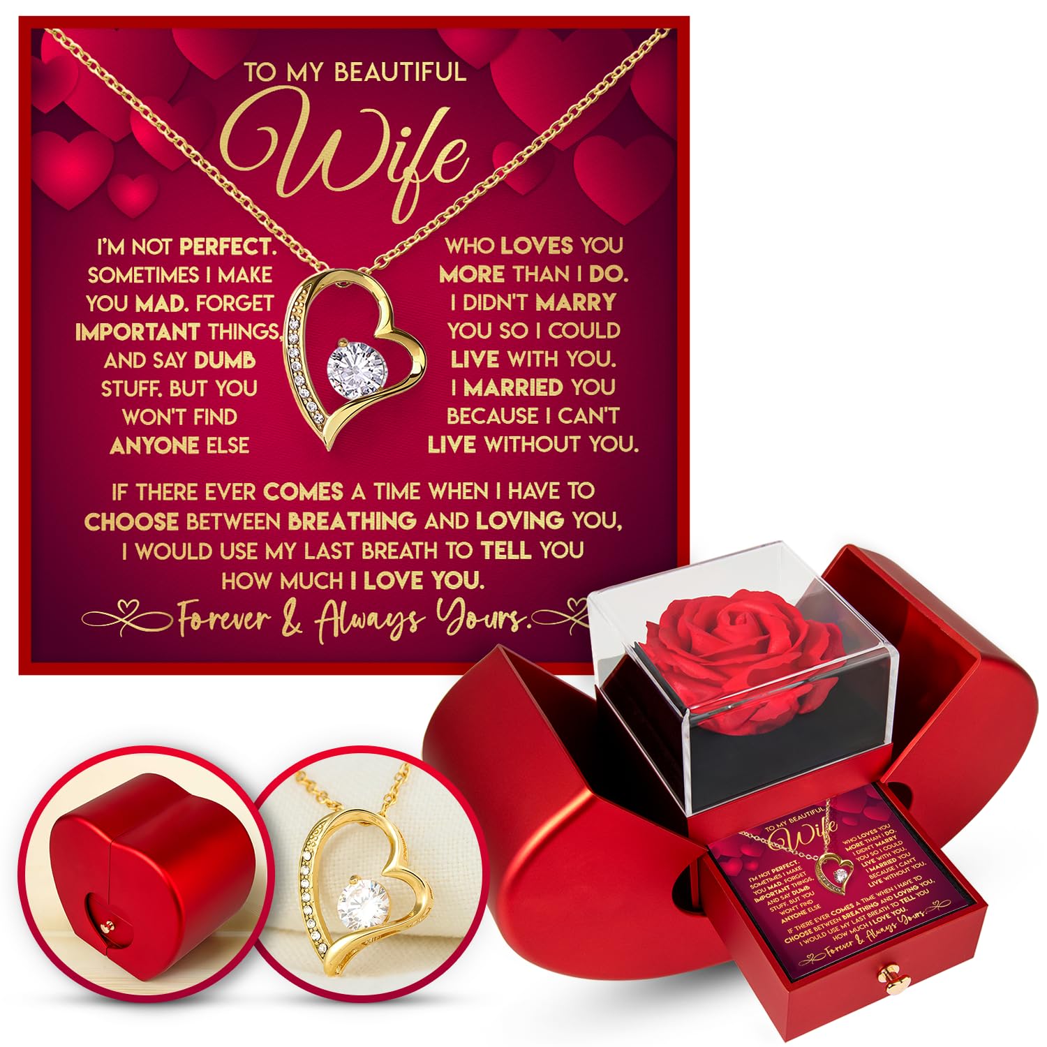 To My Beautiful Wife Necklace From Husband With Heartfelt Message, Valentine Day Anniversary Necklace Gifts for Wife from Husband With Emotional message card, Personalized necklace for her